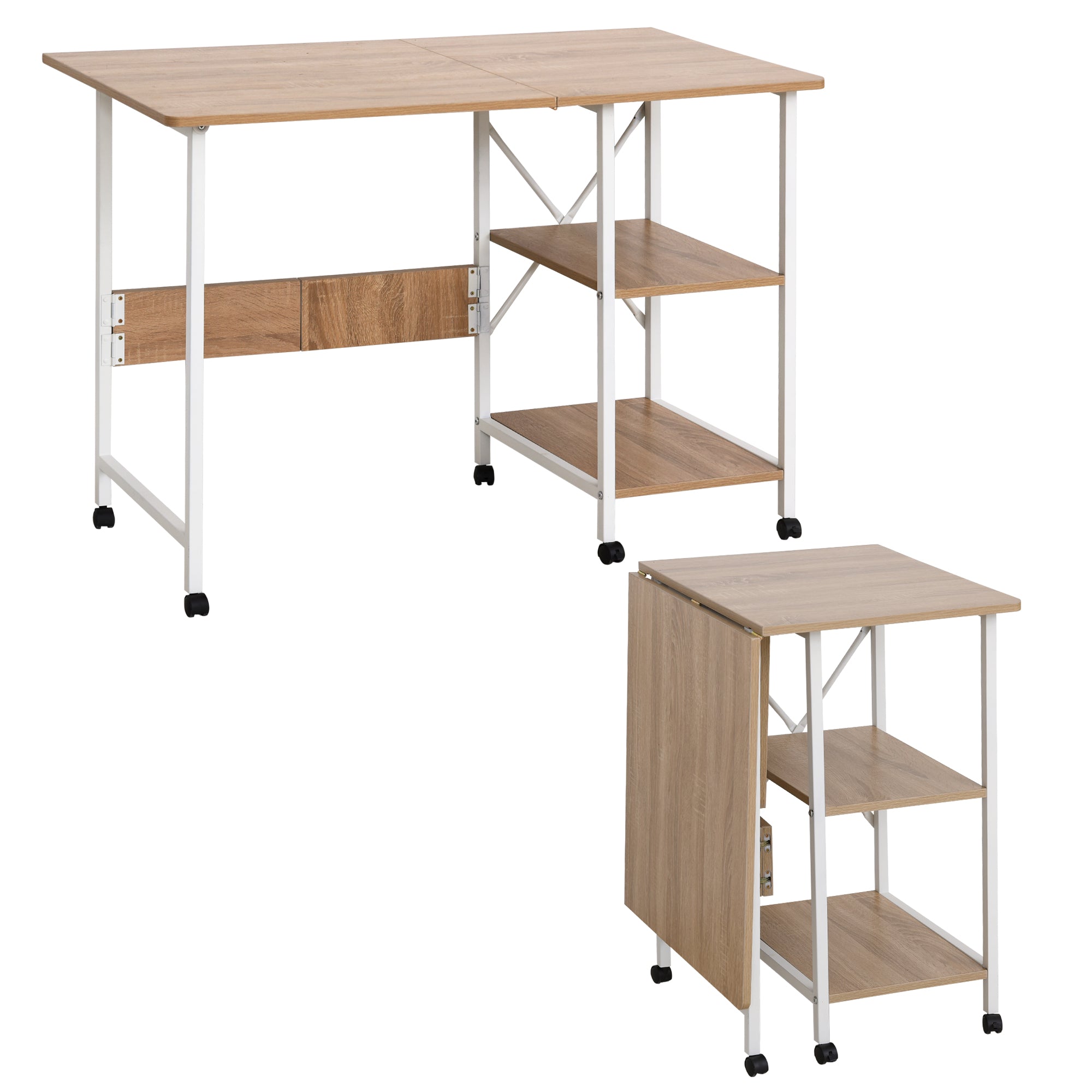 Nancy's Vancouver Folding Desk - Folding Table - Office Table - Desk - Wheels - Shelves - Anti-Slip - Natural - White