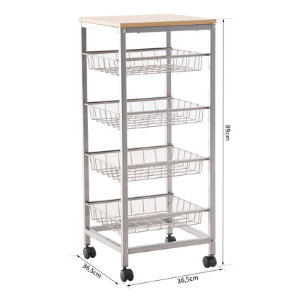 Nancy's Sandusky Keukentrolley - Keukenwagen - Serveerwagen - 4 -Laags - Draadmanden - 36.5 x 36.5 x 89 cm - Staal - MDF -