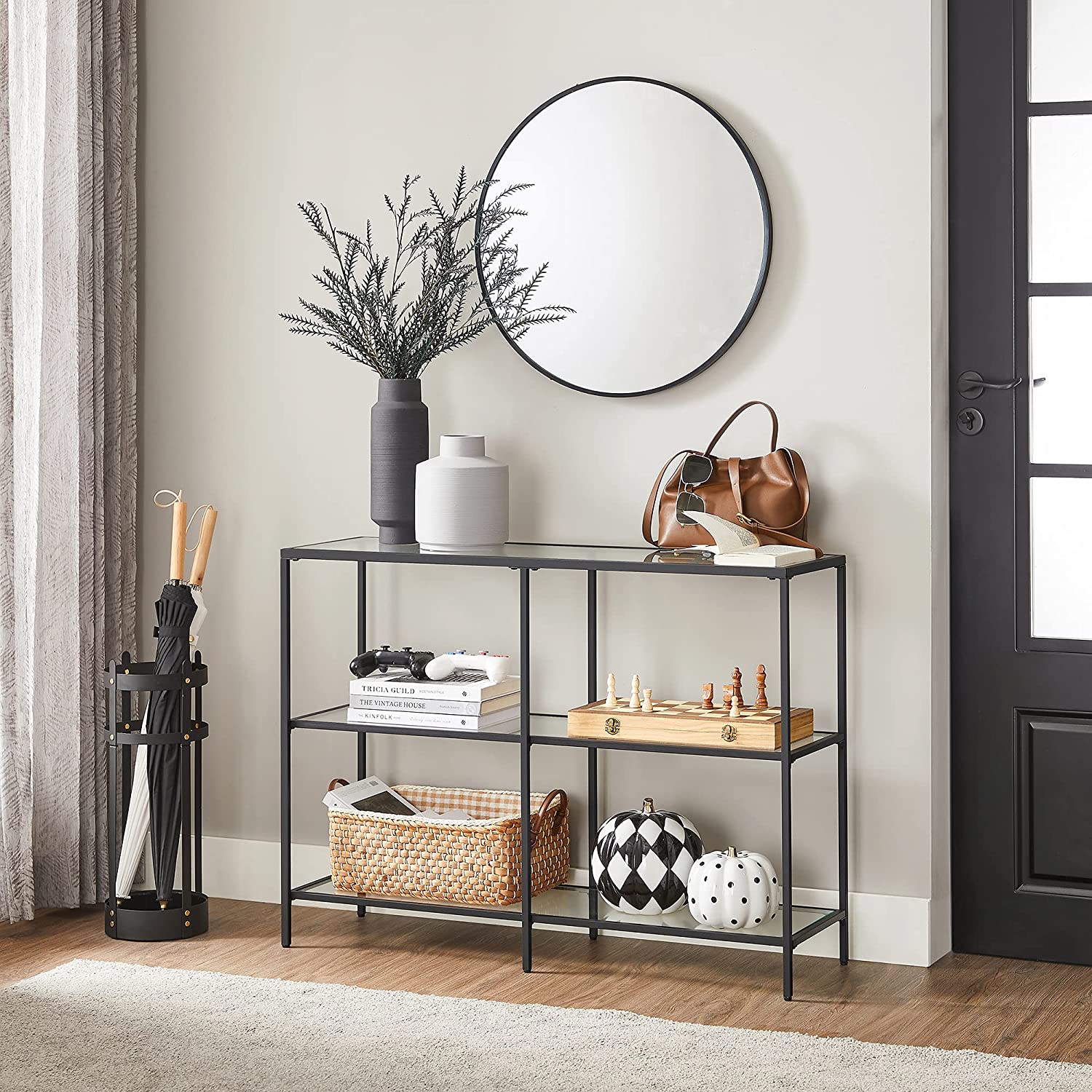 Nancy’s Chacacal Sidetable - Consoletafel - Bijzettafel - met Gehard Glas - Modern - Zwart - Staal - ± 100 x 30 x 70 cm