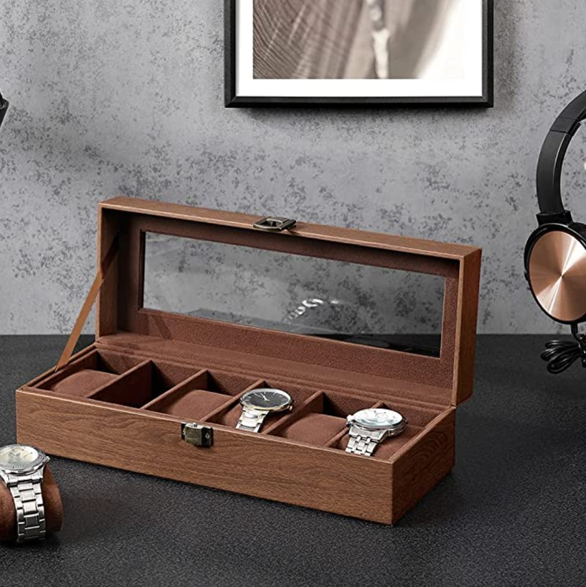 Nancy’s Brimley Horlogodoos - Horlogekoffer - Horloge Opbergen - met 6 Vakken - Langwerpig - Klassiek - Bruin - 30 x 11 x 8 cm