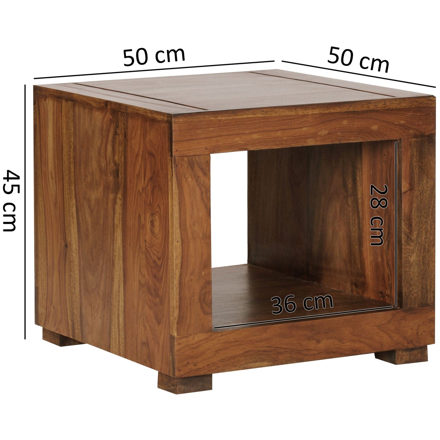 Table basse Auburn de Nancy - Table basse en bois massif - Table de chevet - Table basse carrée - Compartiment ouvert - Bois de Sheesham - 50x50 cm