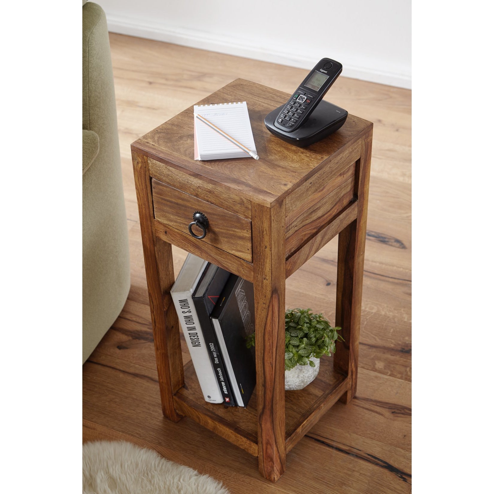 Nancy's Keene Bijzettafel - Massief Houten Bijzettafel - Telefoontafel - Handgemaakt - Lade - Bruin - 30 x 30 x 68 cm