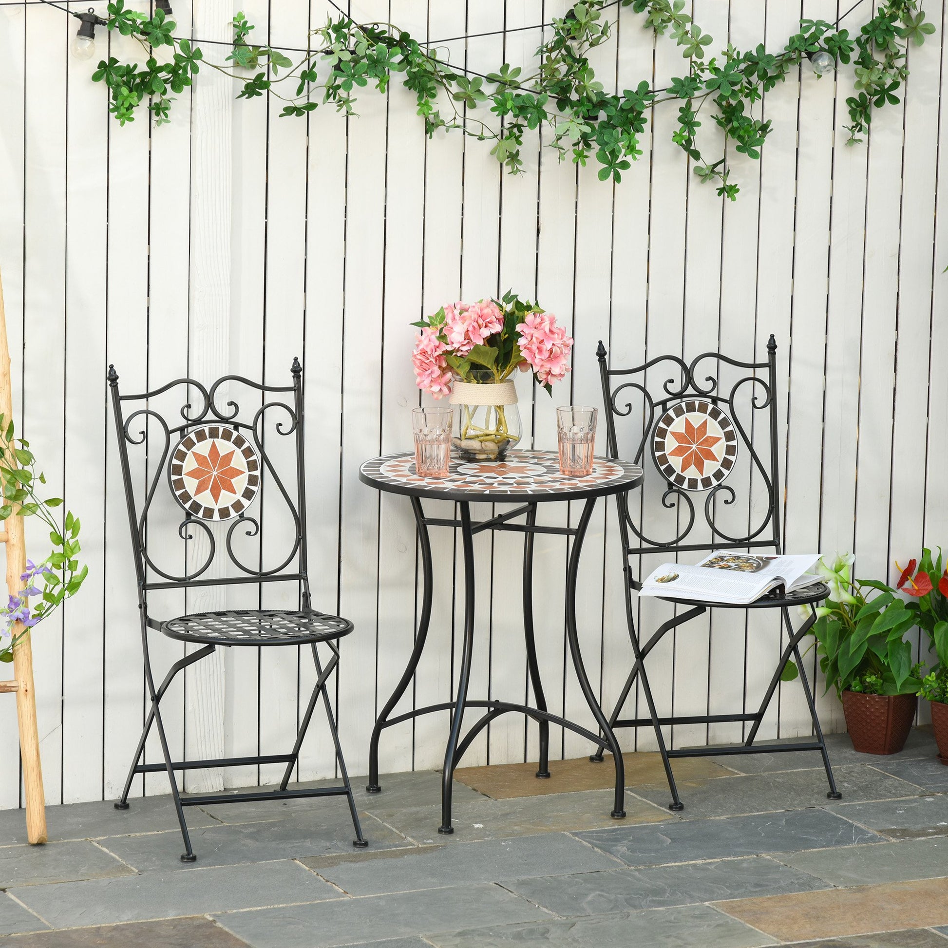 Nancy's Bettendorf Tuinsetgroep- Bistroset - 3-Delig Mozaiektafel - 2 Opklapbare Stoelen - Metaal - Veelkleurig
