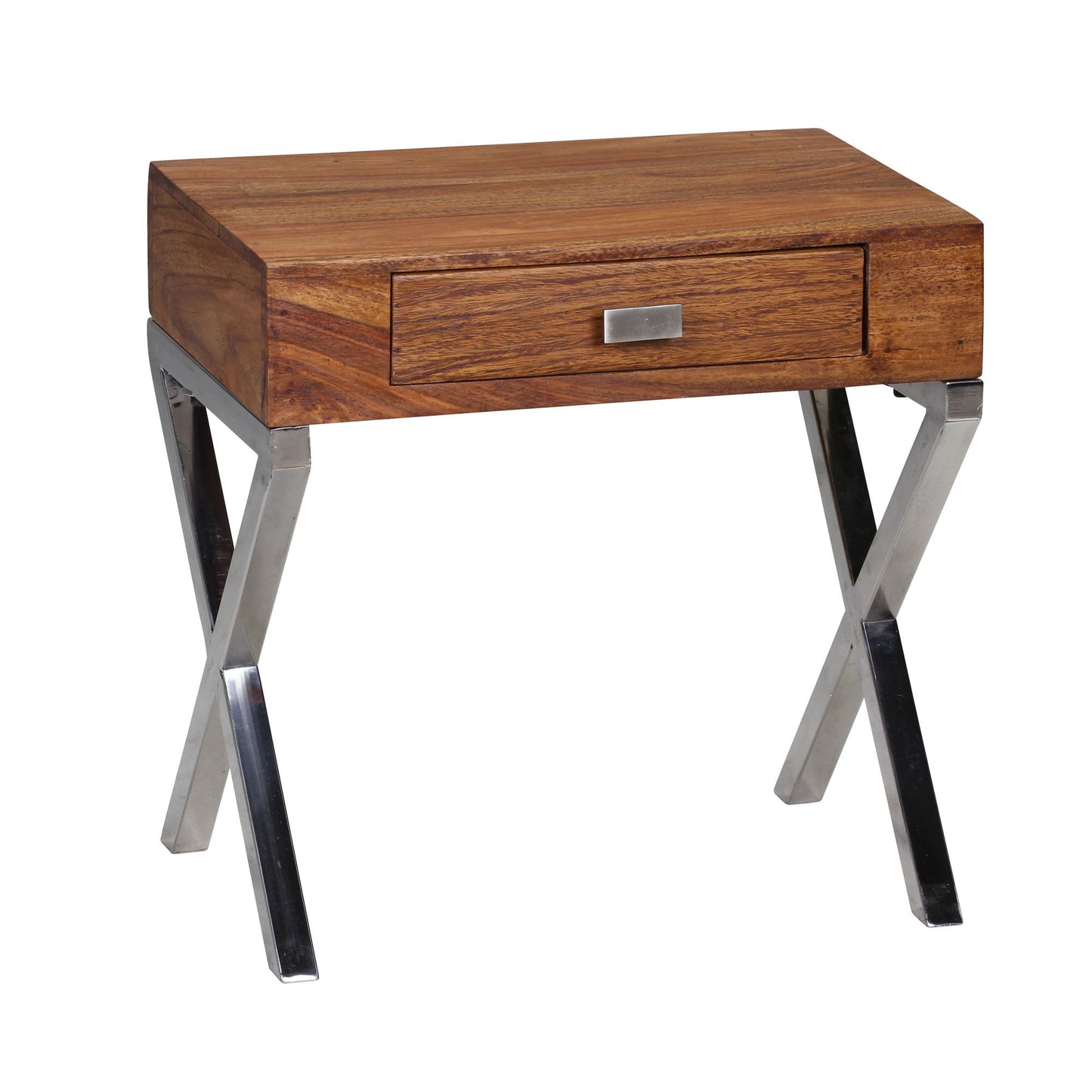 Nancy's Dupre Bedside Table - Dresser - Solid Wood - Sheesham - Drawer - Brown - Silver - Industrial - Chrome 