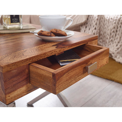 Nancy's Dupre Bedside Table - Dresser - Solid Wood - Sheesham - Drawer - Brown - Silver - Industrial - Chrome 