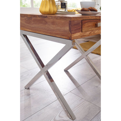 Nancy's Dupre Bedside Table - Dresser - Solid Wood - Sheesham - Drawer - Brown - Silver - Industrial - Chrome 