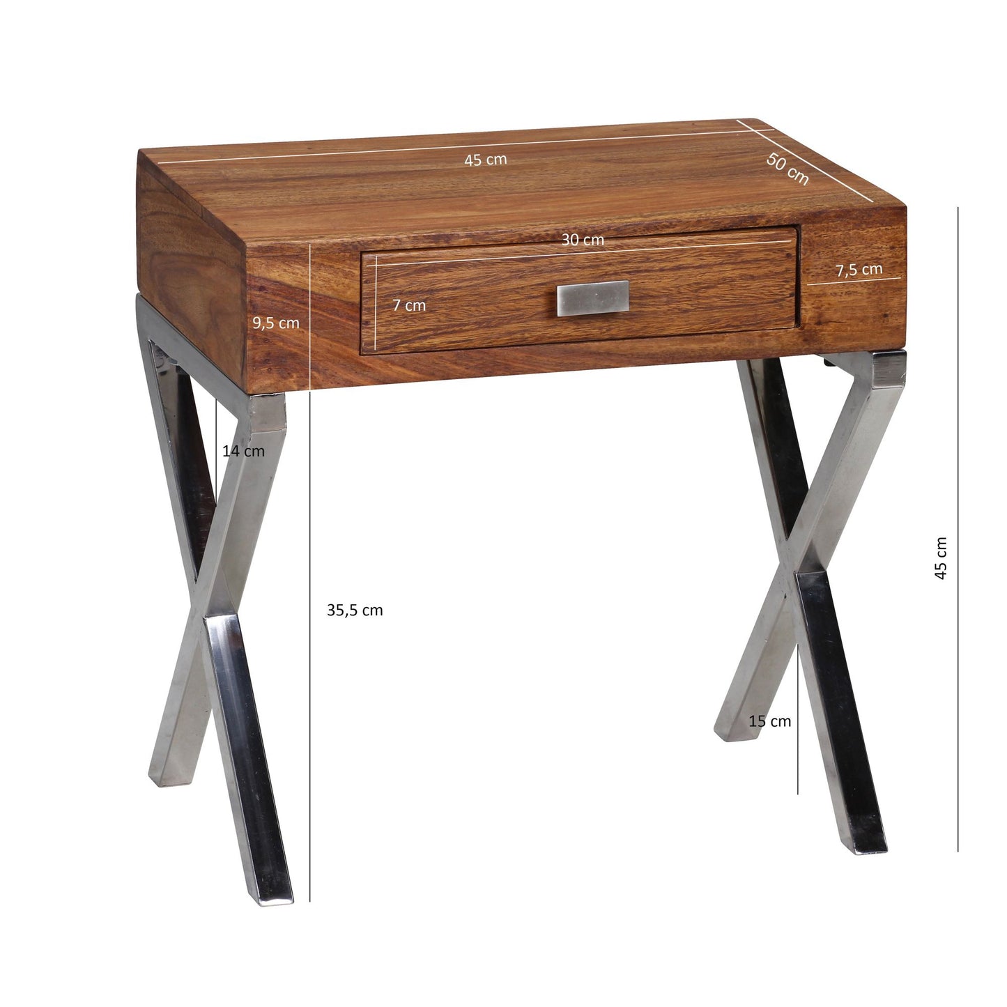 Nancy's Dupre Nachtkastje - Dressoir - Massief Hout - Sheesham - Lade - Bruin - Zilver - Industrieel - Chroom