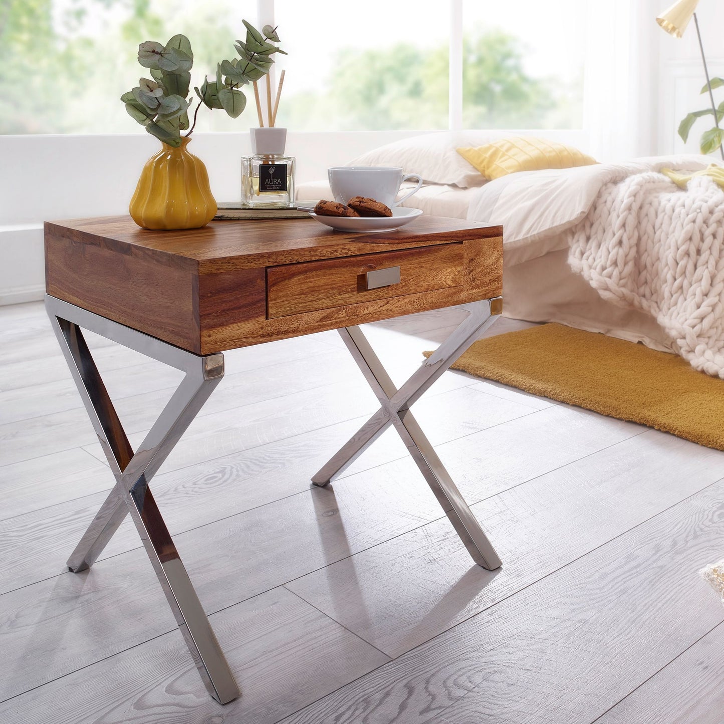 Table de chevet Dupre de Nancy - Commode - Bois massif - Sheesham - Tiroir - Marron - Argent - Industriel - Chrome 