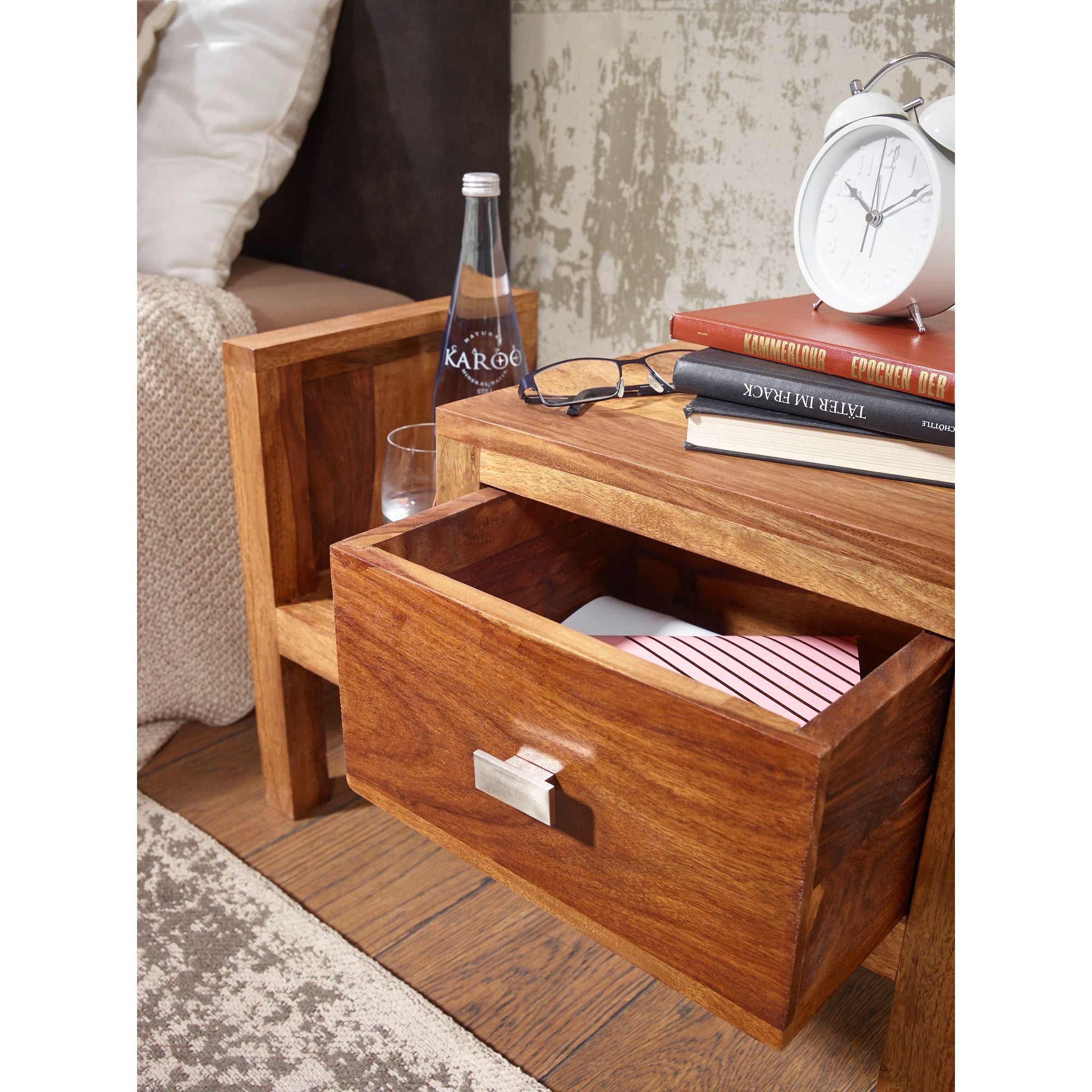 Nancy's Findlay Bedside Table - Solid Wood Bedside Table - Sheesham - Newspaper Rack - Drawer - Side Table - Brown