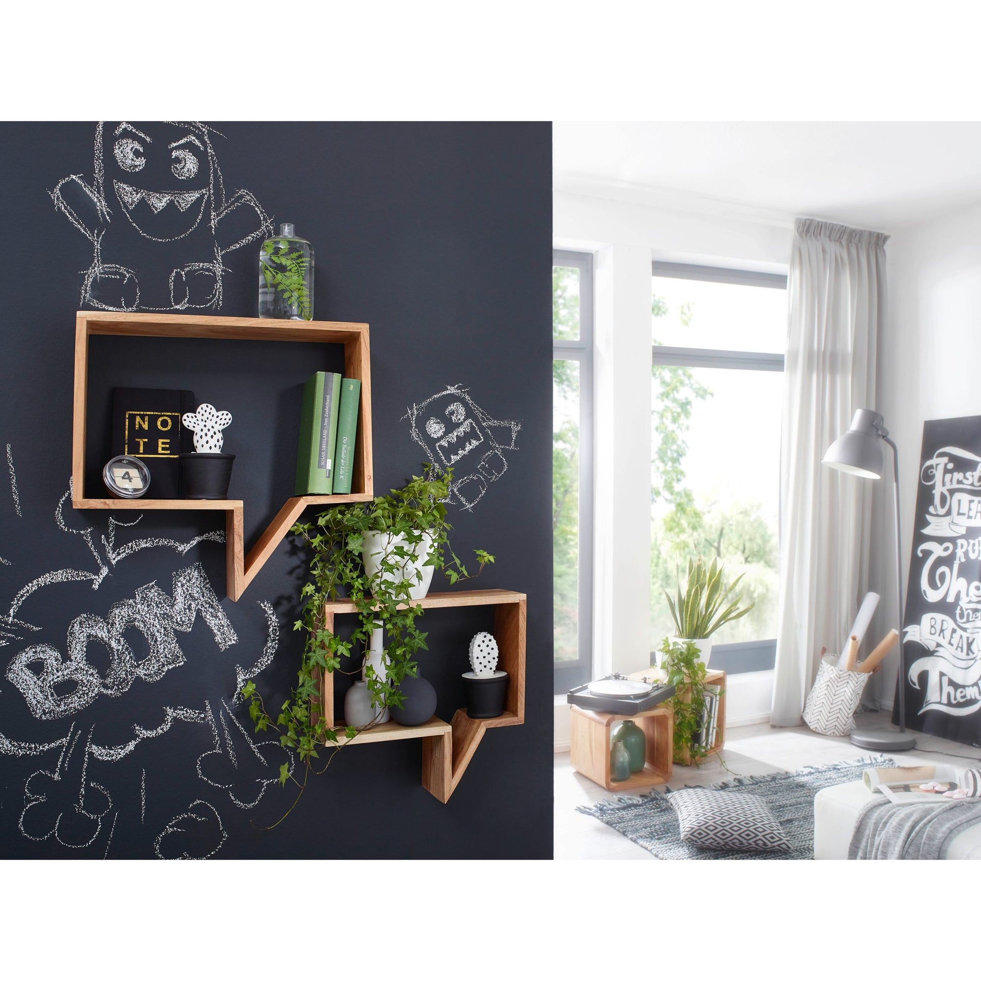 Nancy's Spraakballon Wandplanken - Set van 2 - Boekenplanken - Decoratieplank - Wandplank - Massief Sheesham Hout - Bruin