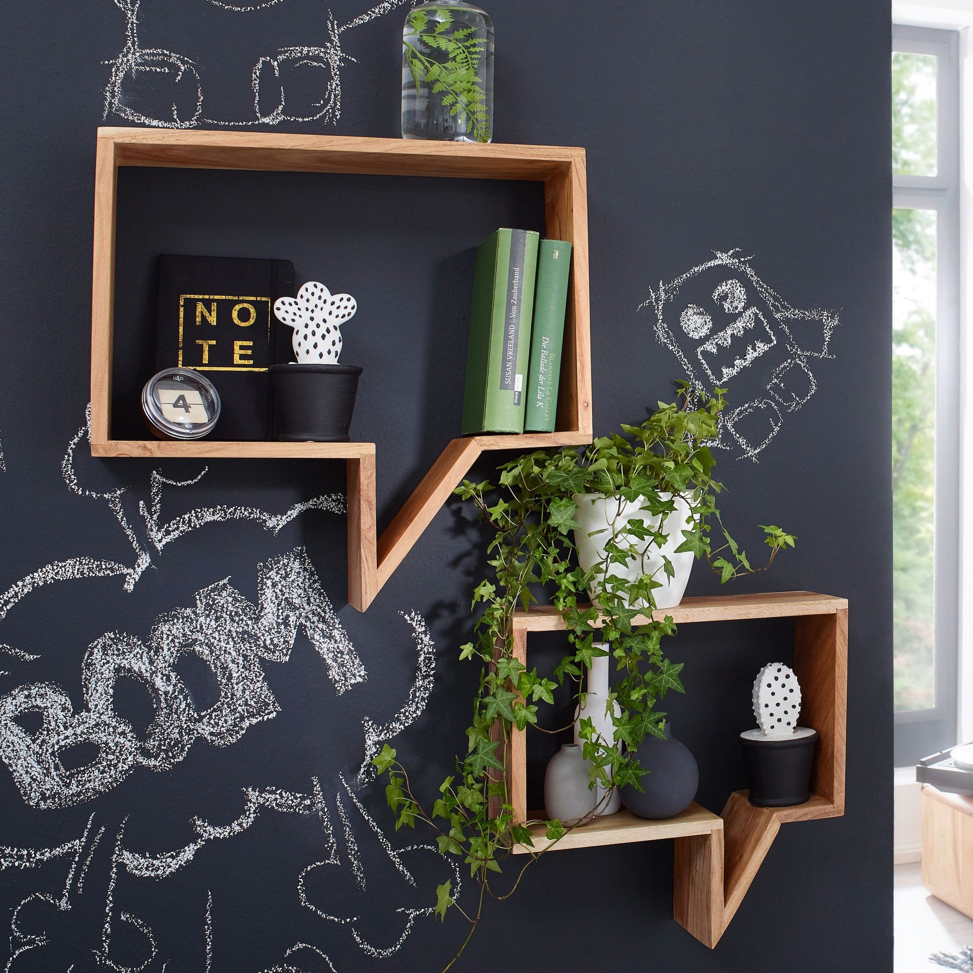 Nancy's Spraakballon Wandplanken - Set van 2 - Boekenplanken - Decoratieplank - Wandplank - Massief Sheesham Hout - Bruin