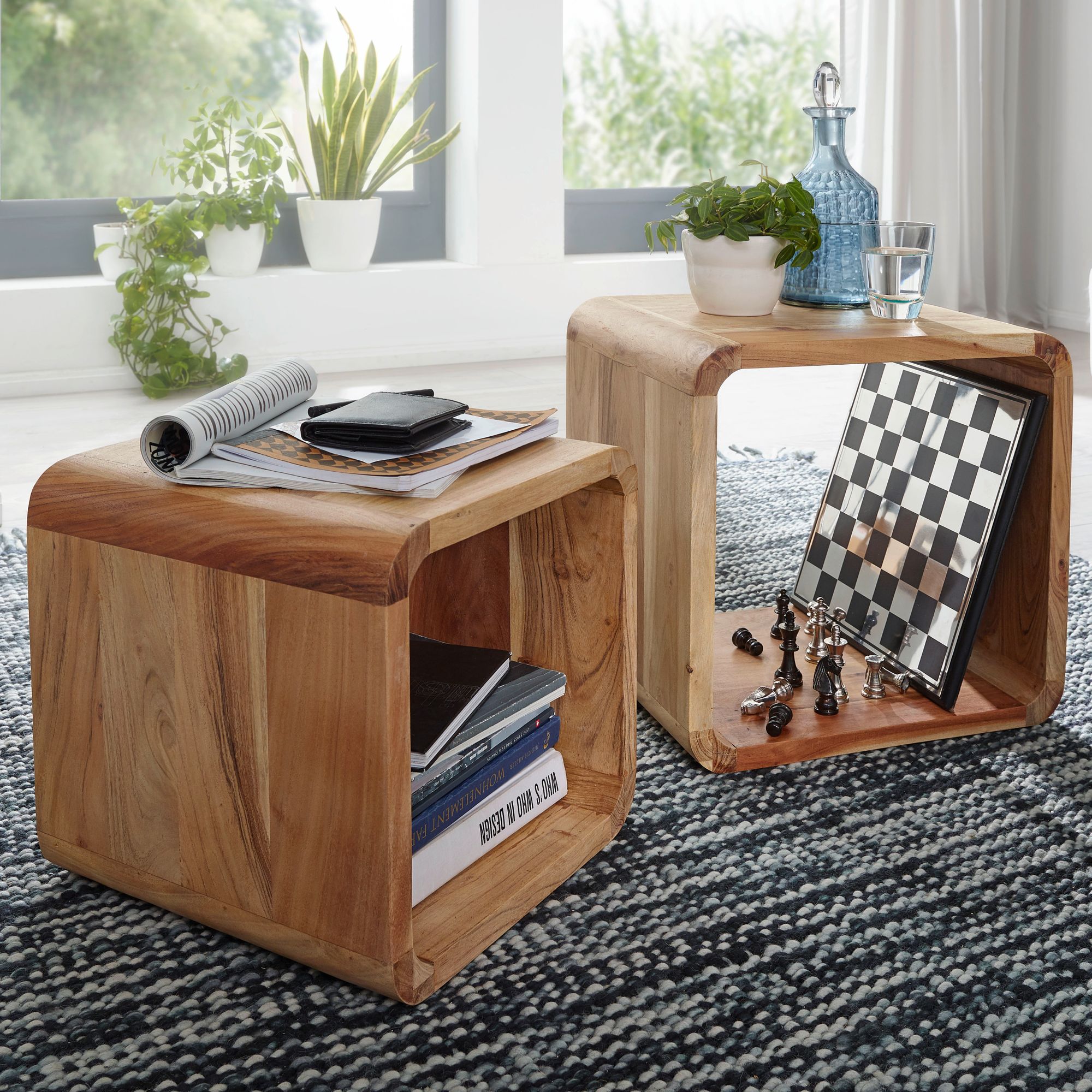 Nancy's Wixom Side Tables - Set of 2 - Bedside Tables - Cube - Open Storage Space - Solid Wood - Acacia - Brown