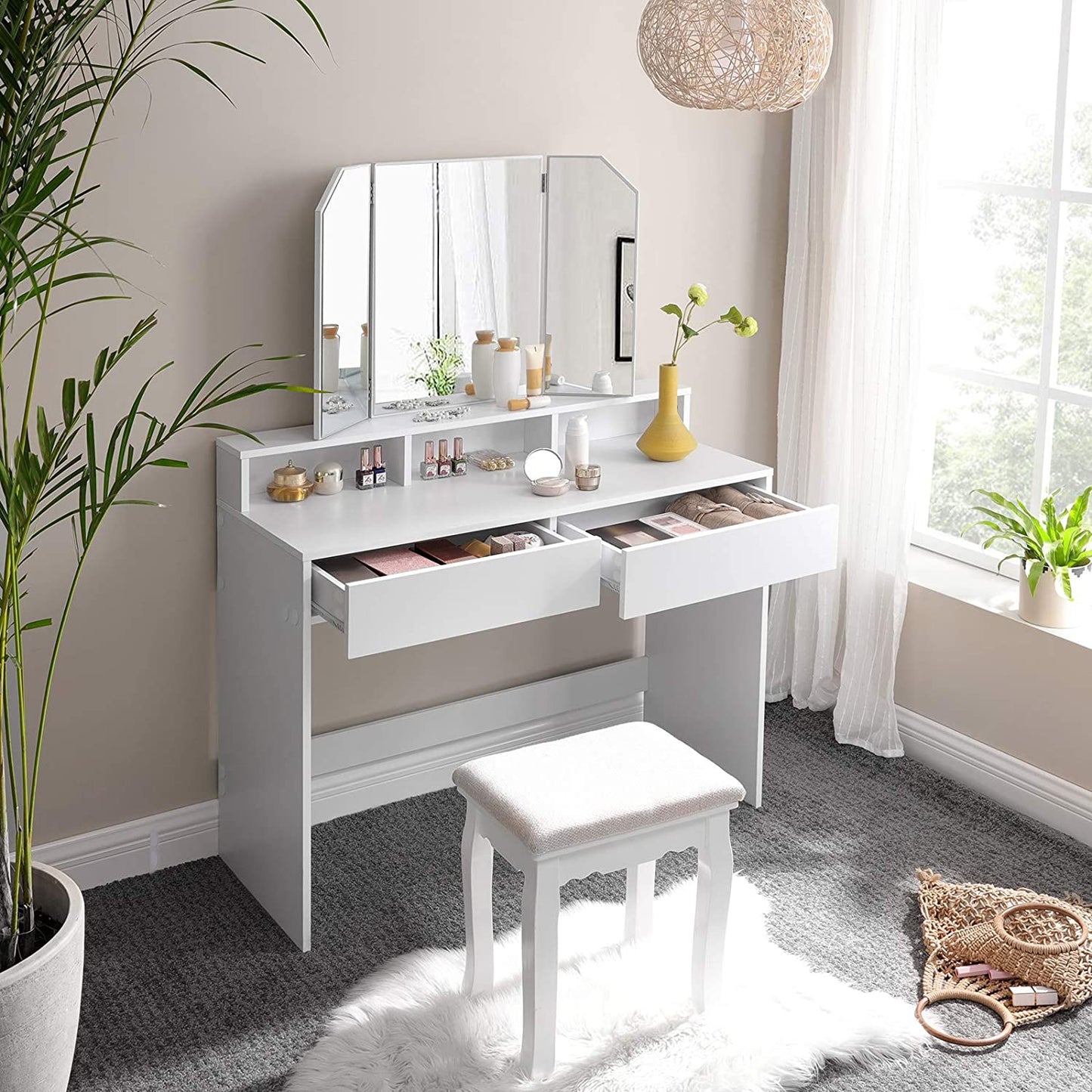 Nancy's Bryants Corner Make-up Tafel met Spiegel - Kaptafel - Beauty Tafel - Wit - ± 100 x 40 x 140 cm