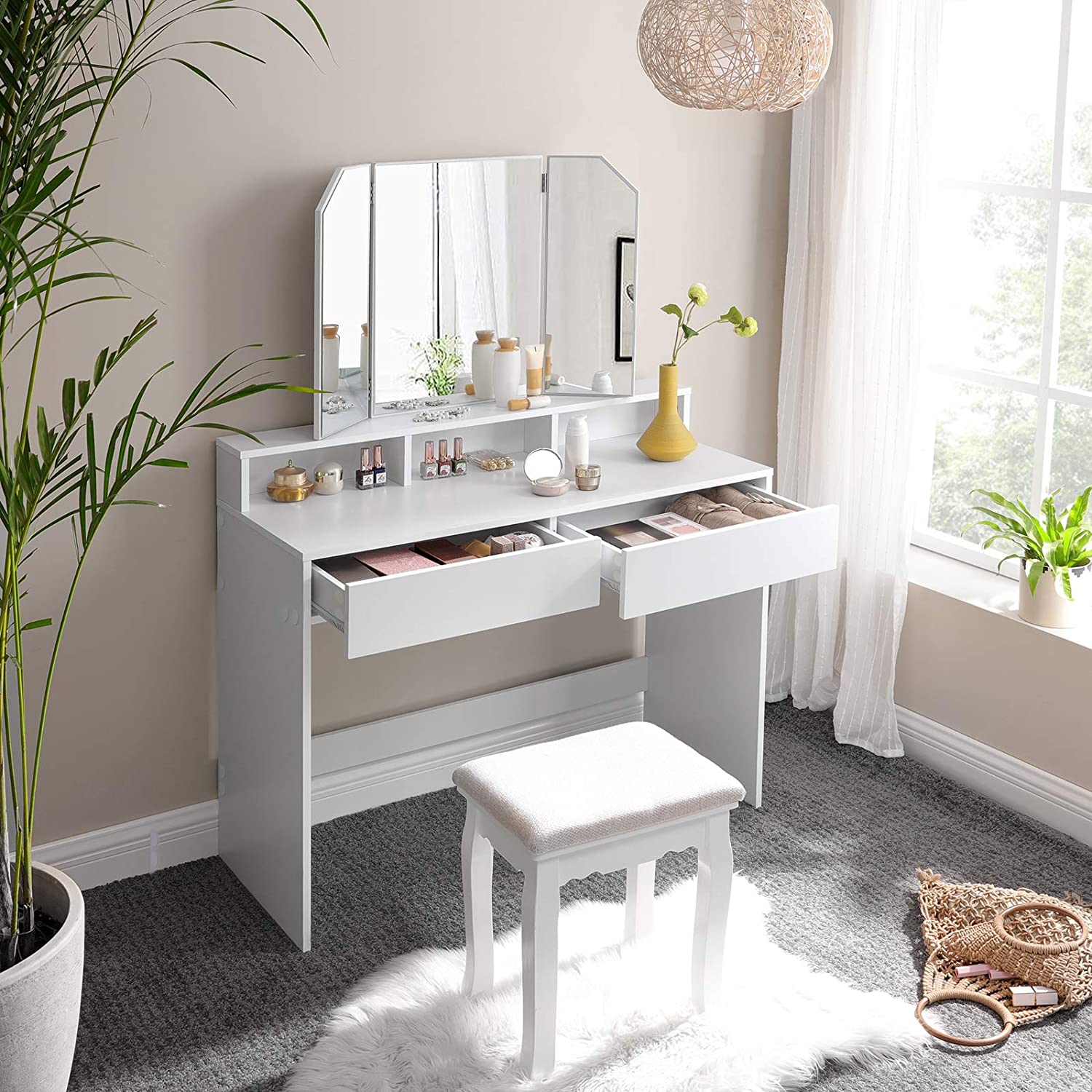 Nancy's Bryants Corner Make-up Tafel met Spiegel - Kaptafel - Beauty Tafel - Wit - ± 100 x 40 x 140 cm