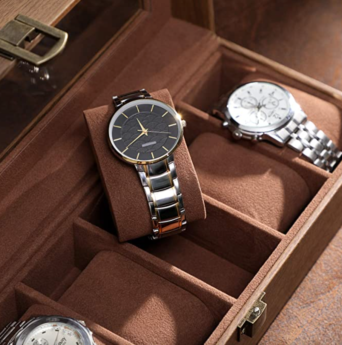 Nancy’s Brimley Horlogodoos - Horlogekoffer - Horloge Opbergen - met 6 Vakken - Langwerpig - Klassiek - Bruin - 30 x 11 x 8 cm