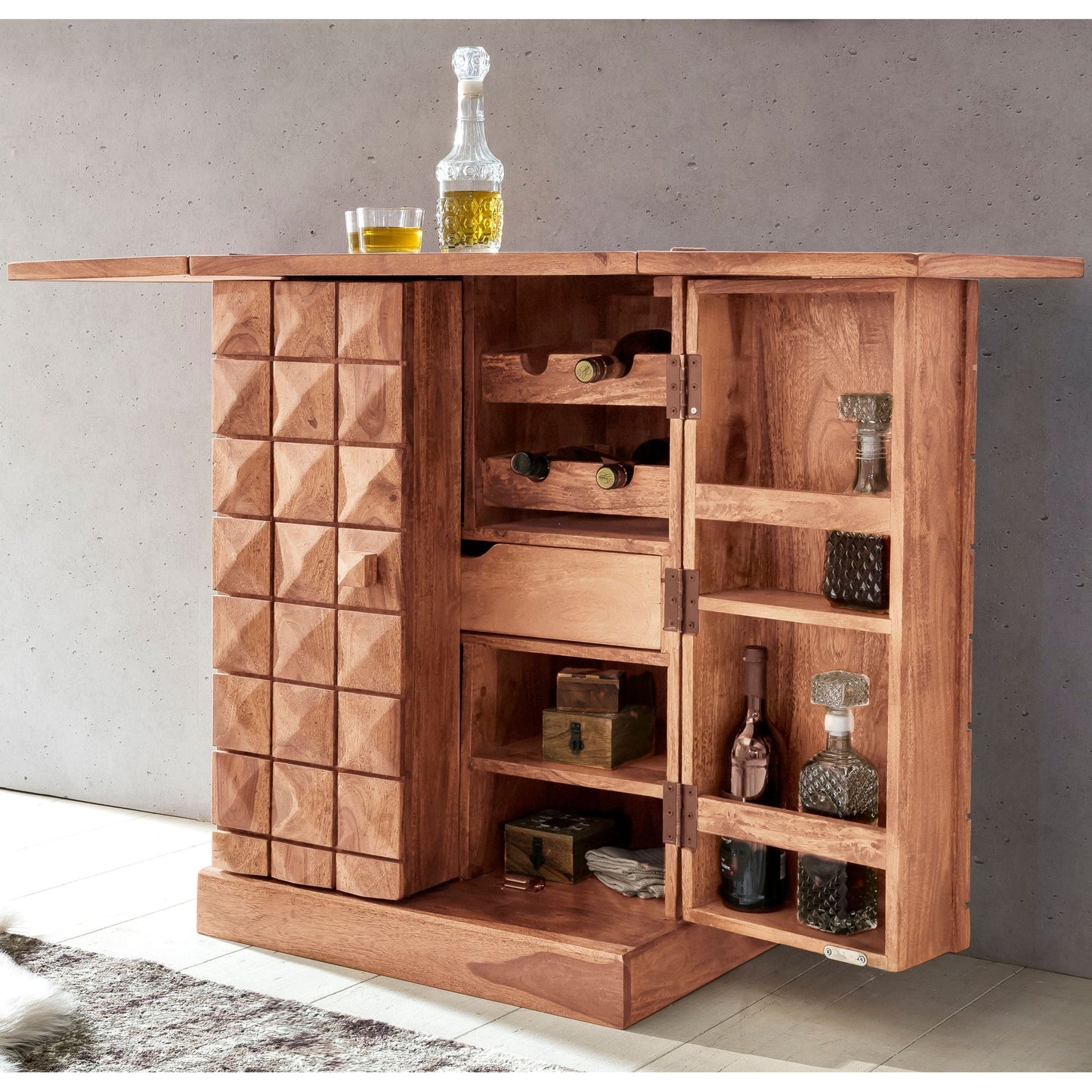 Nancy's Jackson Home Bar - Bar pliable - Vitrine - Stockage du vin - Stockage des boissons - Acacia en bois massif - Style campagnard - Armoire de bar