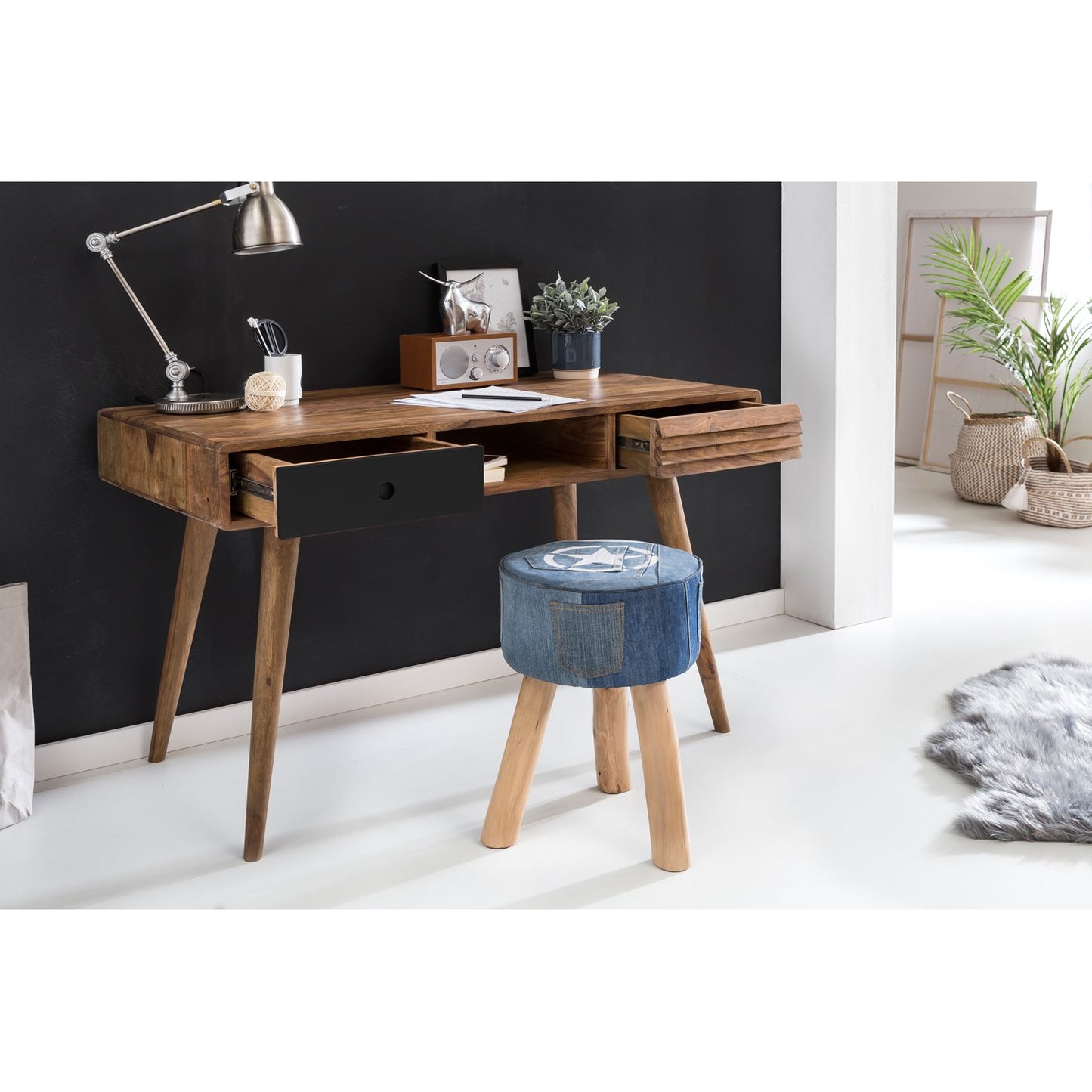 Nancy's Vernal Desk - Table de bureau - Table d'ordinateur portable - Bois massif Sheesham - Marron - Blanc - Tiroirs