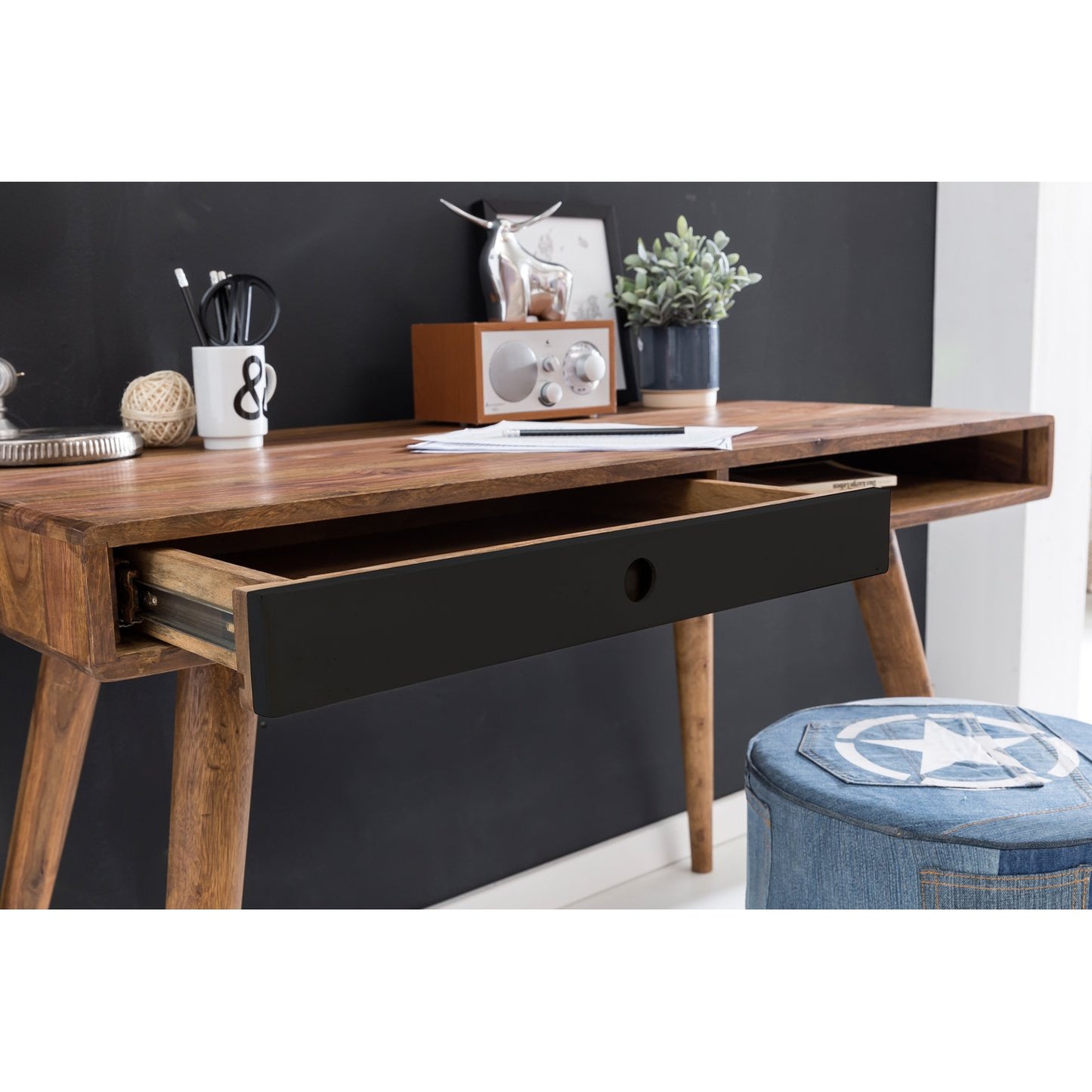 Nancy's Brevard Bureau - Kantoortafel - Laptoptafel - Massief Sheesham Hout - Bruin / Zwart - ± 120 x 60 x 75 cm