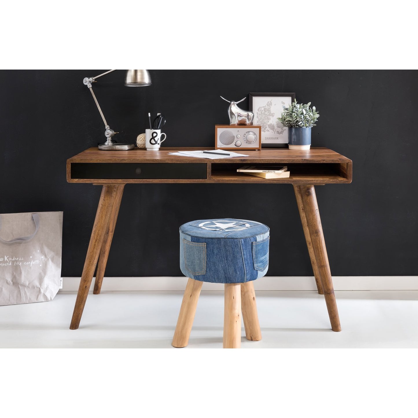 Nancy's Brevard Bureau - Kantoortafel - Laptoptafel - Massief Houten Sheesham - Zwart - Bruin - Wit - Lade