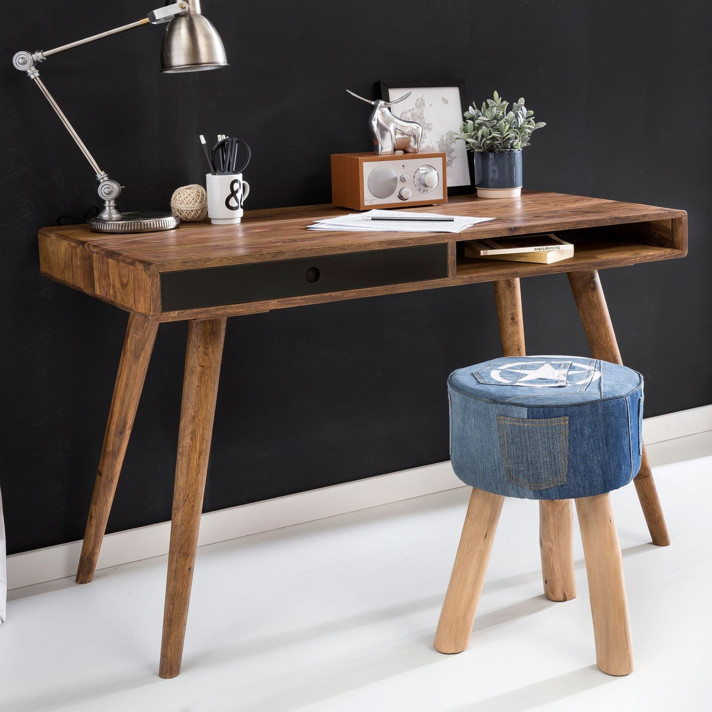 Nancy's Brevard Bureau - Kantoortafel - Laptoptafel - Massief Houten Sheesham - Zwart - Bruin - Wit - Lade