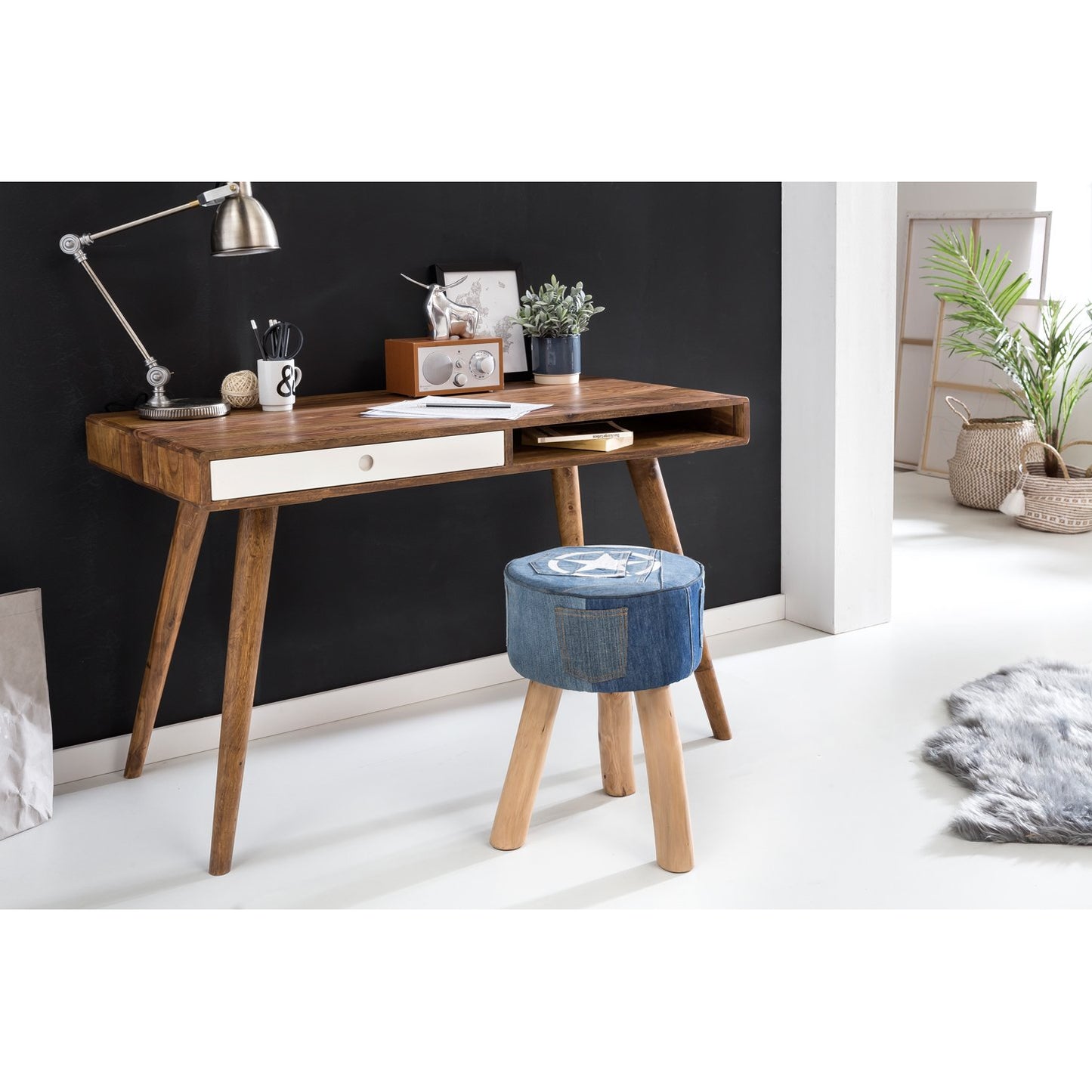 Nancy's Brevard Bureau - Kantoortafel - Laptoptafel - Massief Houten Sheesham - Zwart - Bruin - Wit - Lade