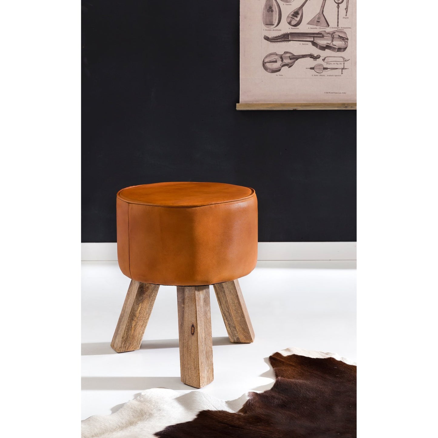 Tabouret Adrian de Nancy - Tabouret - Repose-pieds - Pouf - Peau de chèvre - Fait main - Bois de manguier - 37x45x37 cm - Rond - Marron