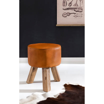 Tabouret Adrian de Nancy - Tabouret - Repose-pieds - Pouf - Peau de chèvre - Fait main - Bois de manguier - 37x45x37 cm - Rond - Marron