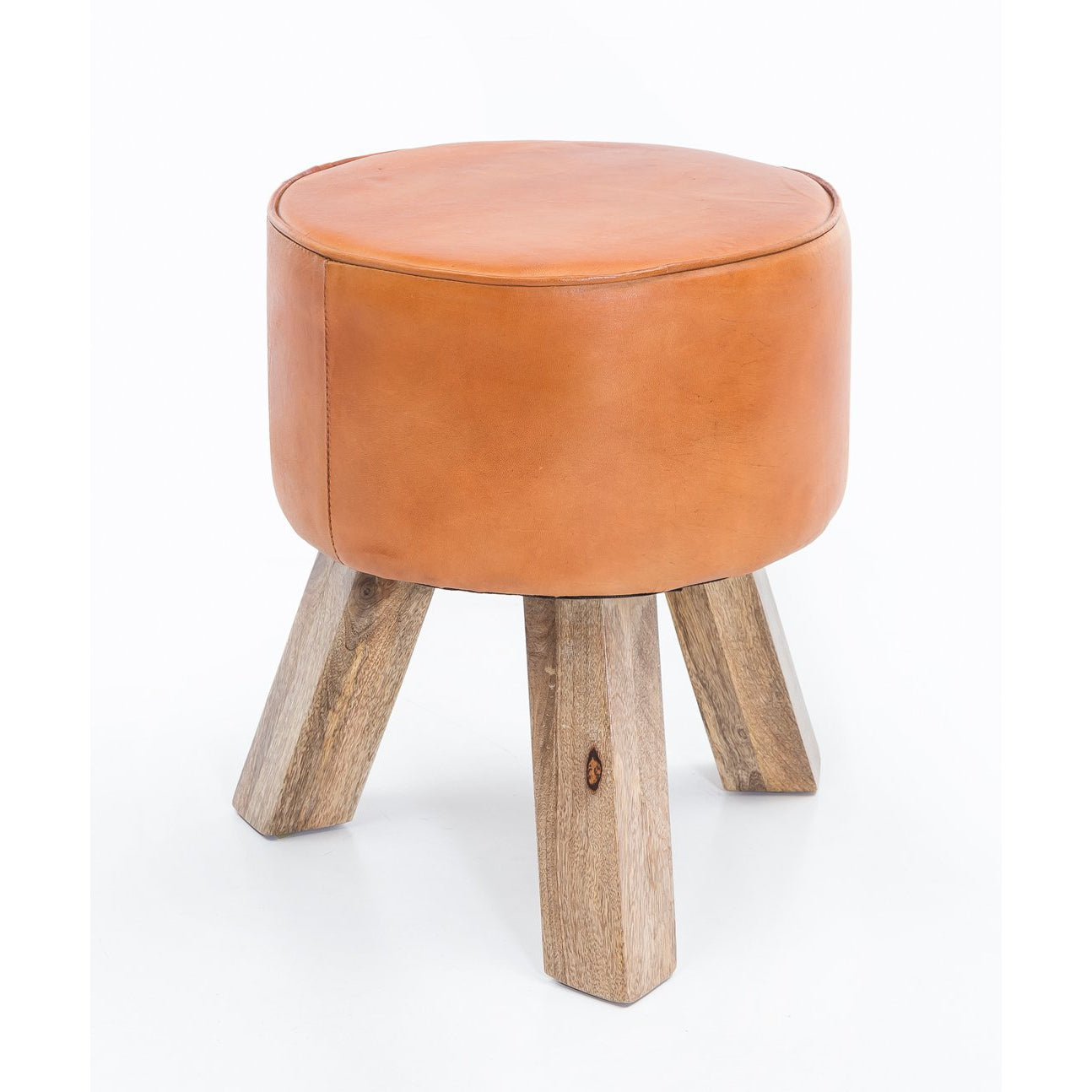 Tabouret Adrian de Nancy - Tabouret - Repose-pieds - Pouf - Peau de chèvre - Fait main - Bois de manguier - 37x45x37 cm - Rond - Marron