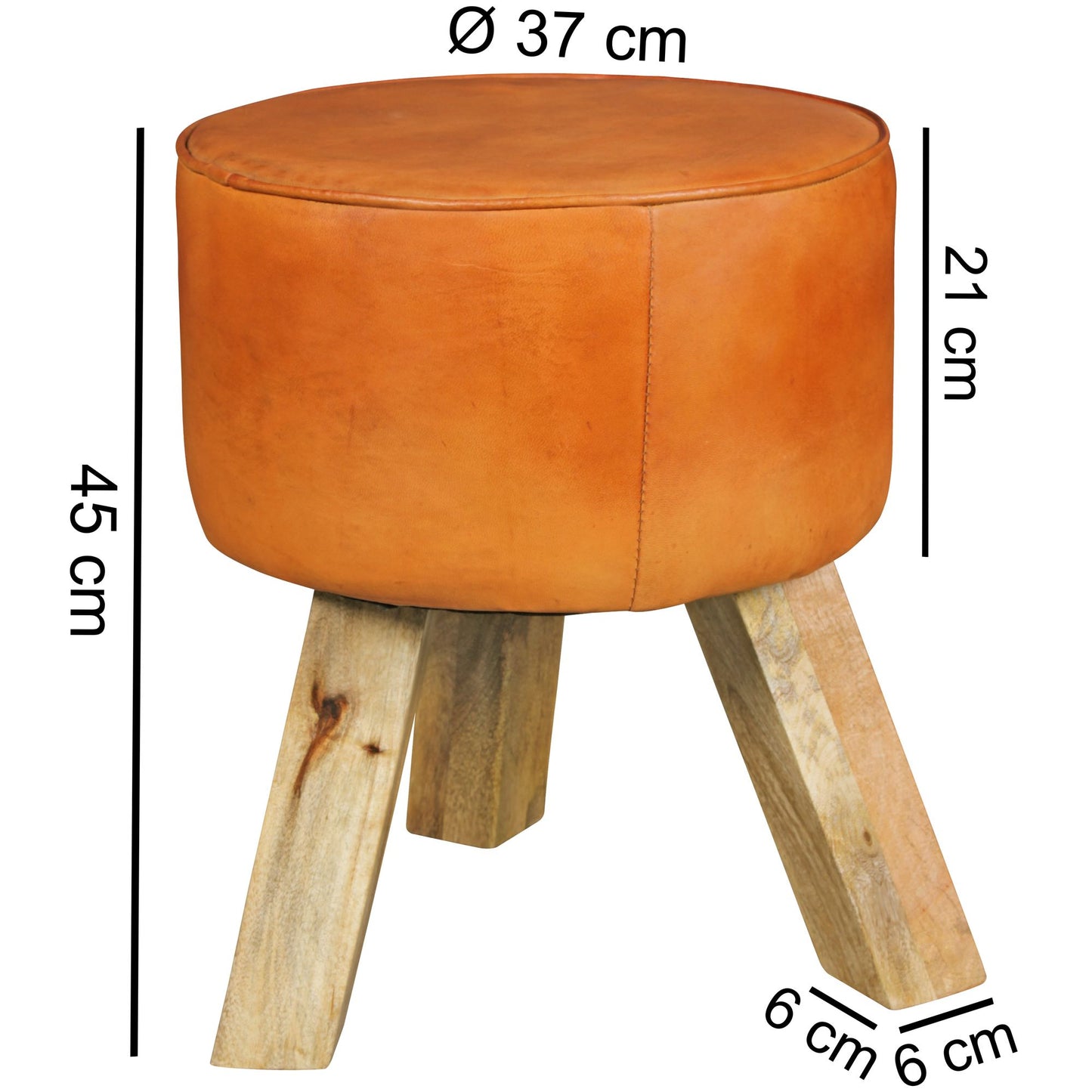 Tabouret Adrian de Nancy - Tabouret - Repose-pieds - Pouf - Peau de chèvre - Fait main - Bois de manguier - 37x45x37 cm - Rond - Marron