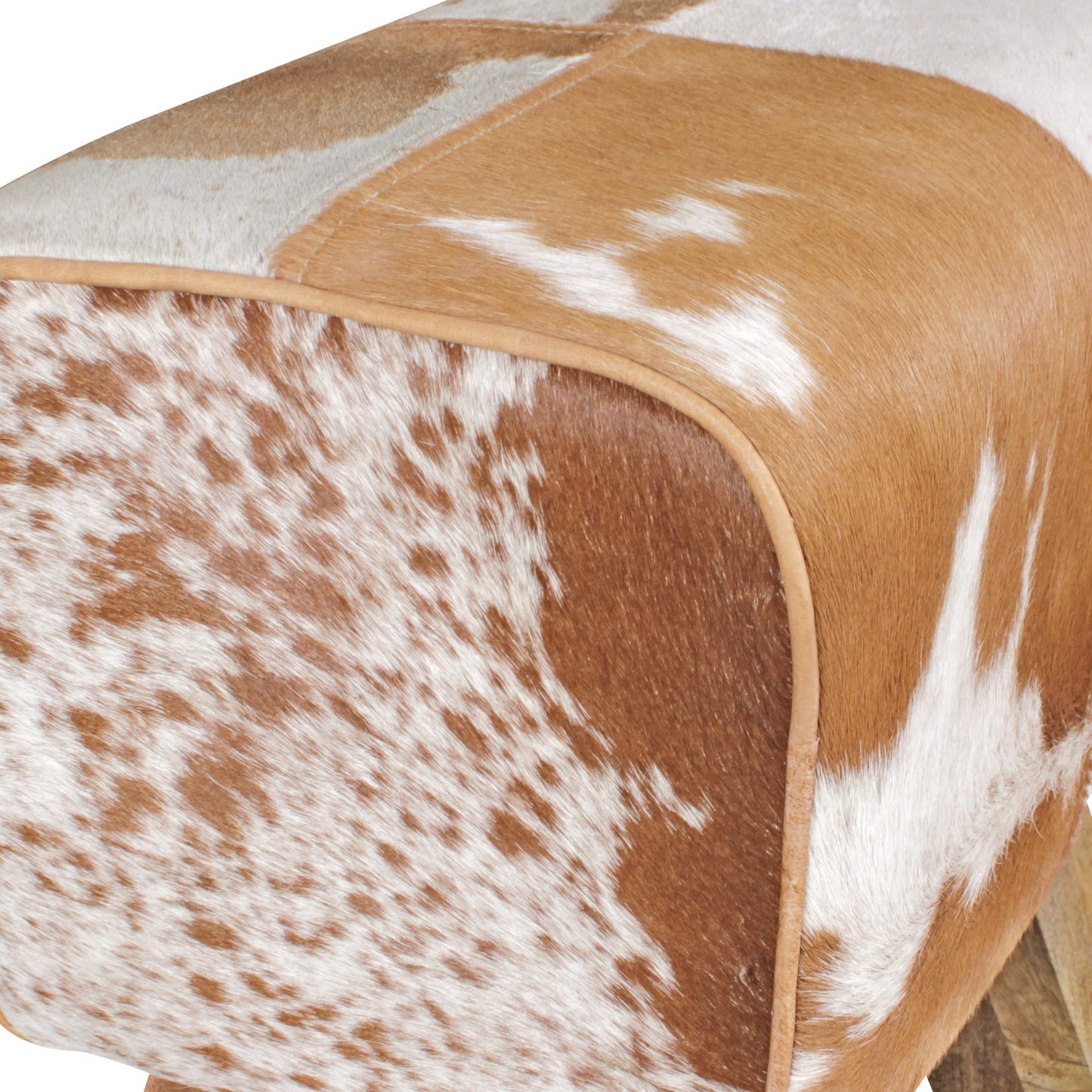 Nancy's Houghton Kruk - Poef - Hocker - Geitenleer - Mangohout - Bruin/Wit - ± 30 x 40 x 50 cm