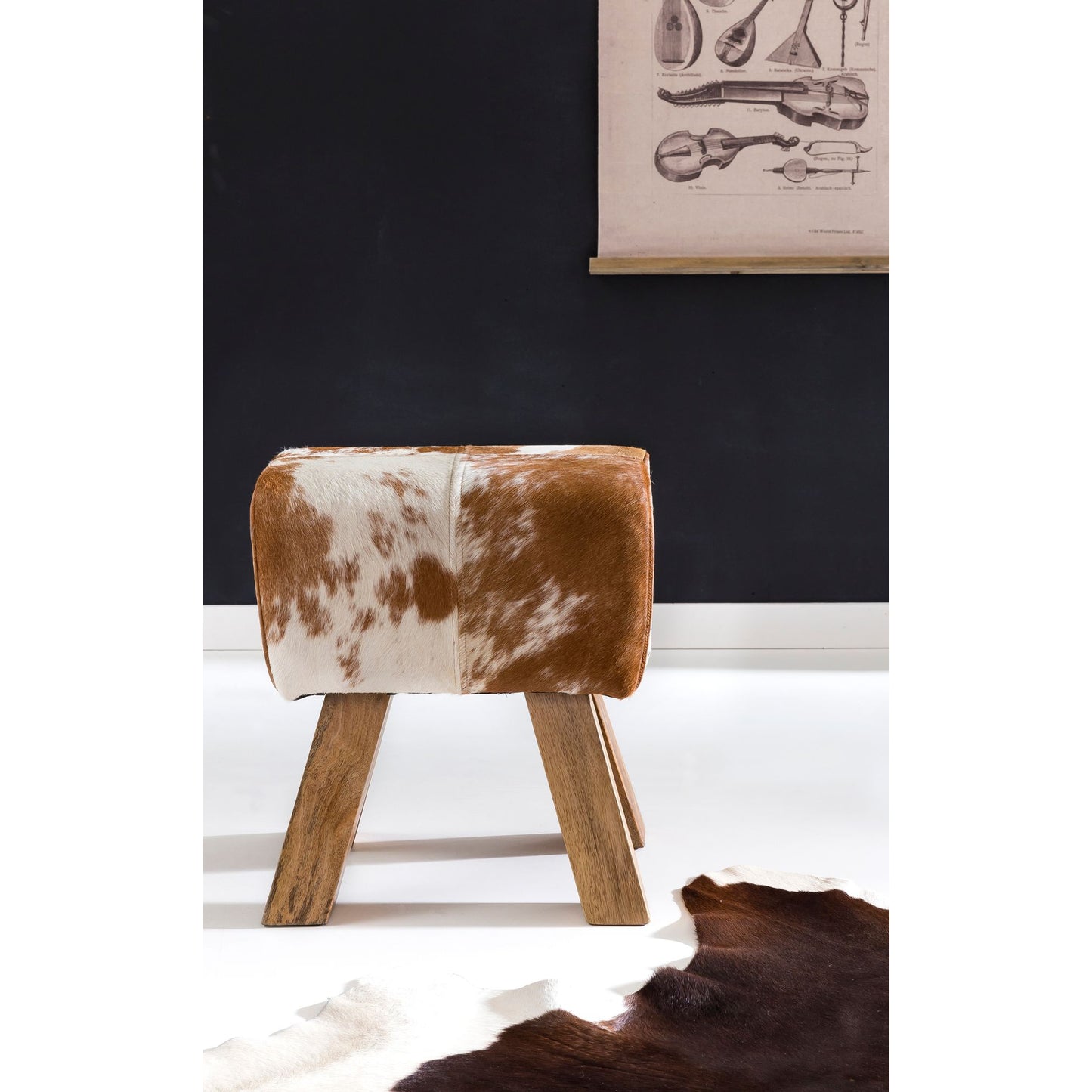 Nancy's Houghton Kruk - Poef - Hocker - Geitenleer - Mangohout - Bruin/Wit - ± 30 x 40 x 50 cm