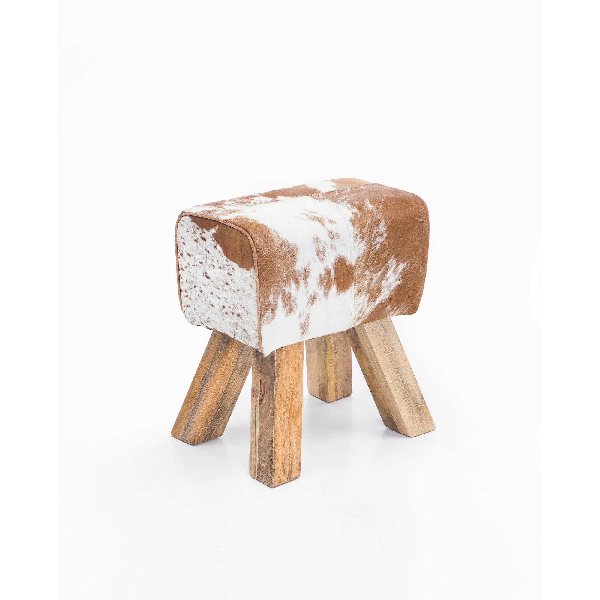 Nancy's Houghton Stool - Pouf - Ottoman - Goatskin - Mango Wood - Brown/White - ± 30 x 40 x 50 cm