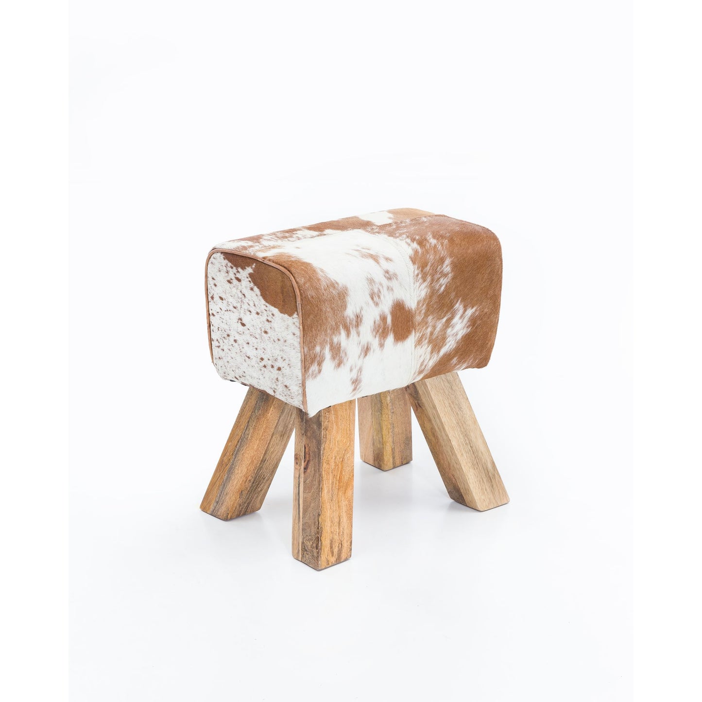 Nancy's Houghton Kruk - Poef - Hocker - Geitenleer - Mangohout - Bruin/Wit - ± 30 x 40 x 50 cm