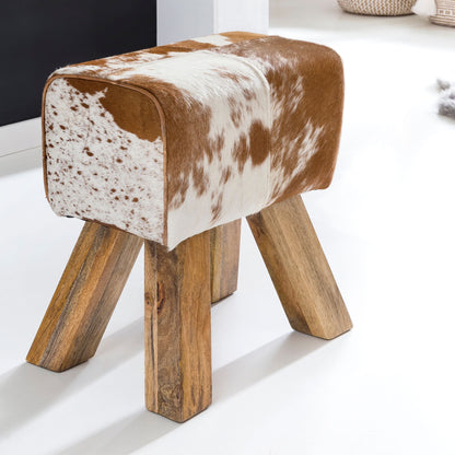 Nancy's Houghton Kruk - Poef - Hocker - Geitenleer - Mangohout - Bruin/Wit - ± 30 x 40 x 50 cm