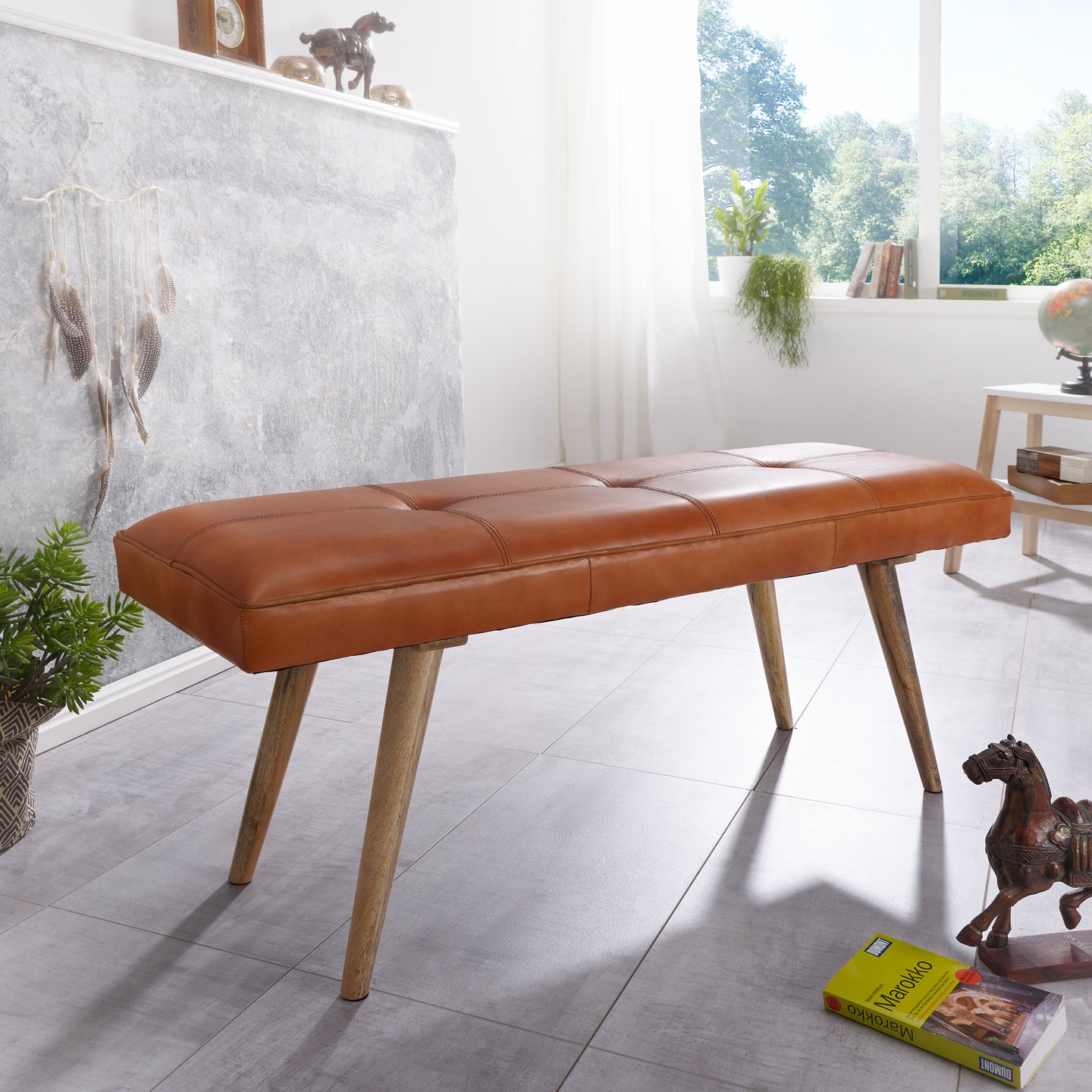 Nancy's Avenal Eetkamerbank - Gangbank - Bank - Gestoffeerde Bank - Massief Hout - Mangohout - Geitenleer - ± 120 x 40 x 50 cm