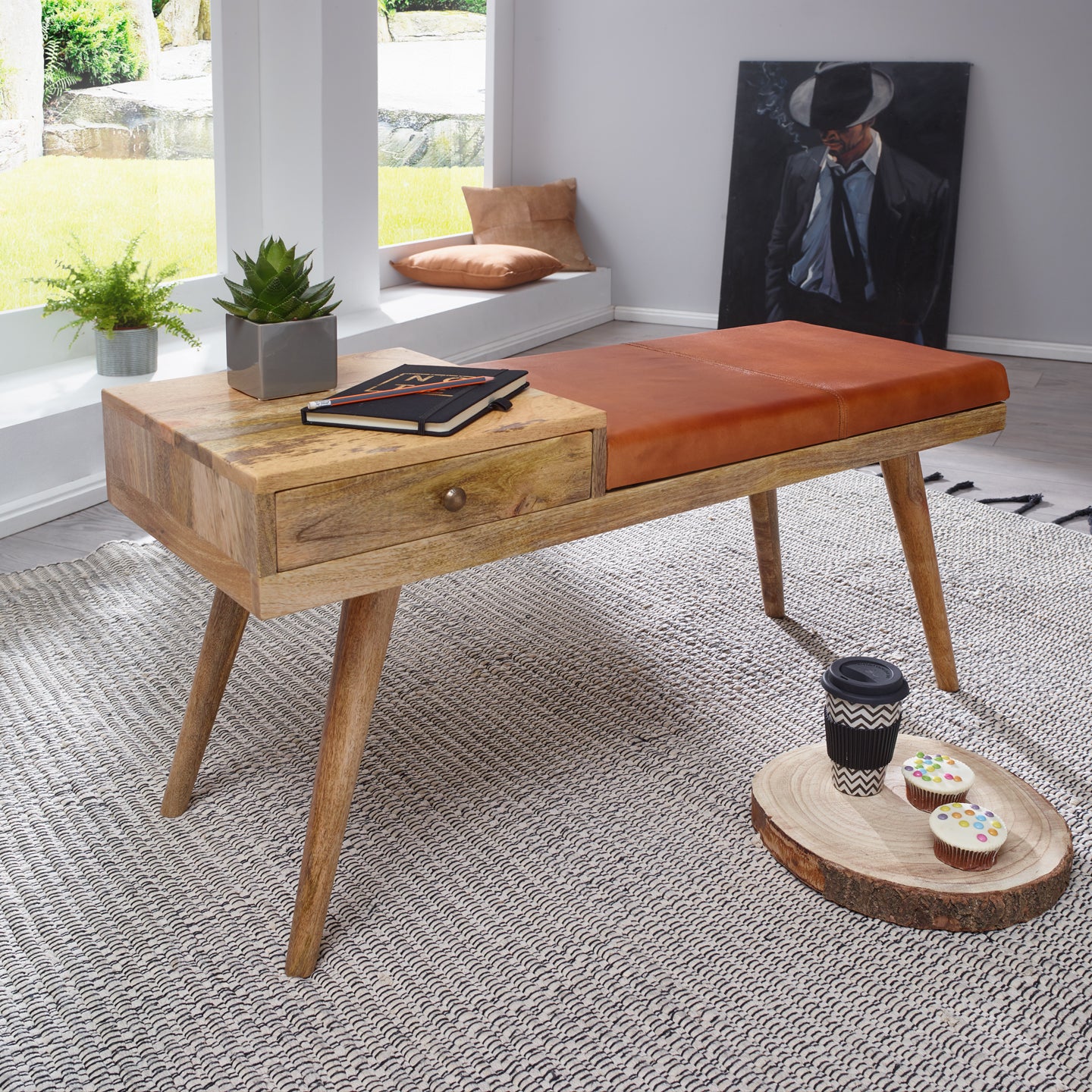 Nancy's Fruita Bank - Zitbank - Gangbank - Mangohout / Geitenleer - ± 100 x 40 x 50 cm