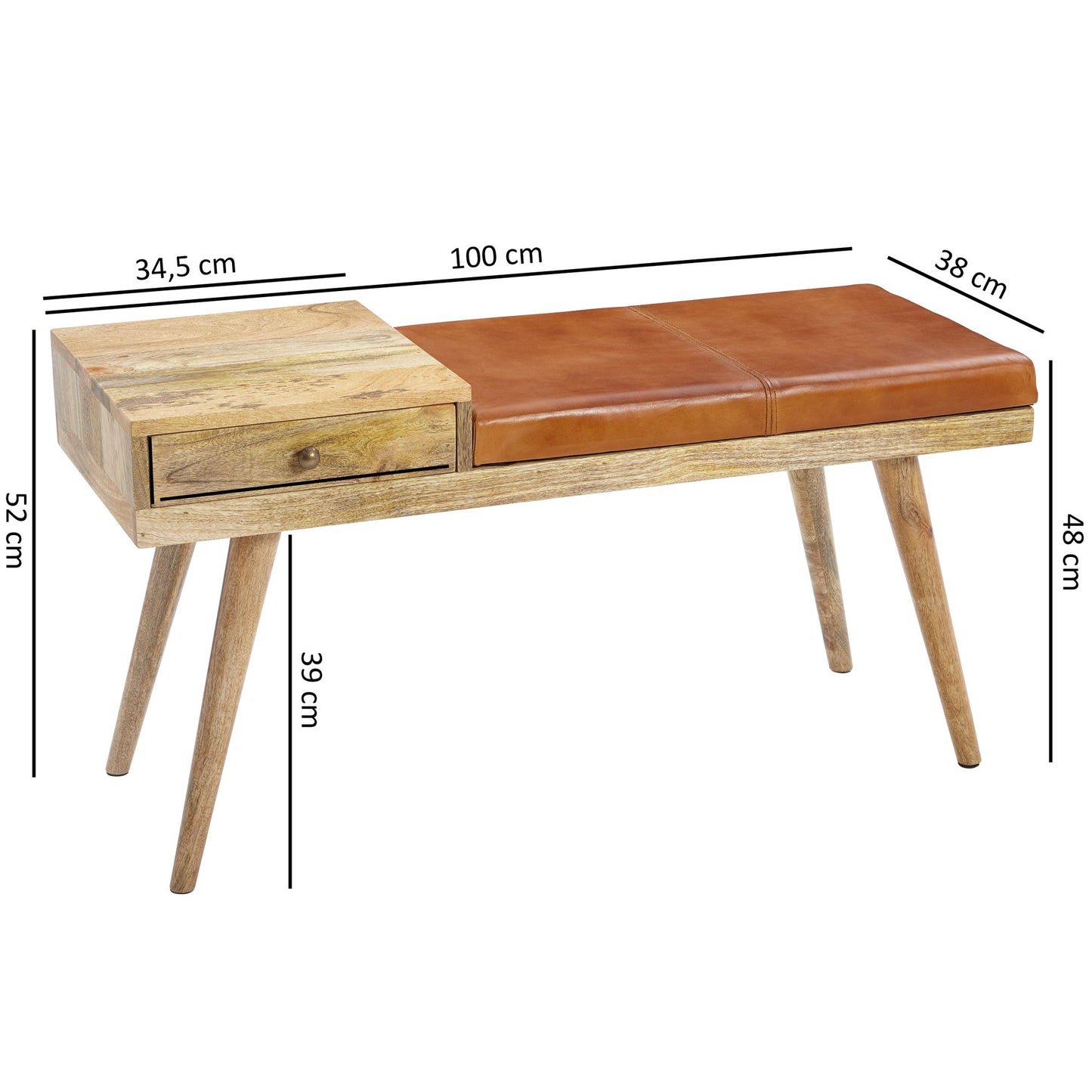 Nancy's Fruita Bank - Zitbank - Lade - Massief Hout - Mangohout - Geitenleer - Bruin - 100 x 38 x 52 cm