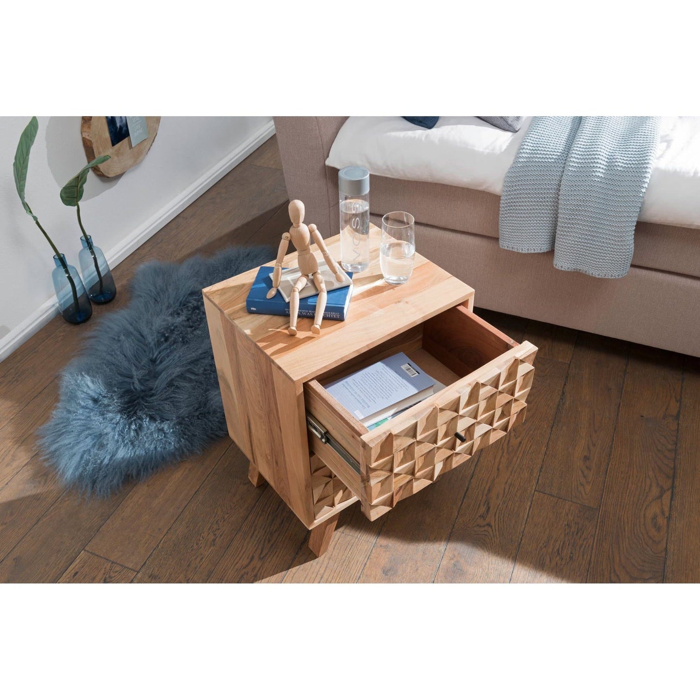 Nancy's Bedside Table - Bedside Table Solid Acacia Wood - Cabinet - Brown - 44 x 61 x 35 cm