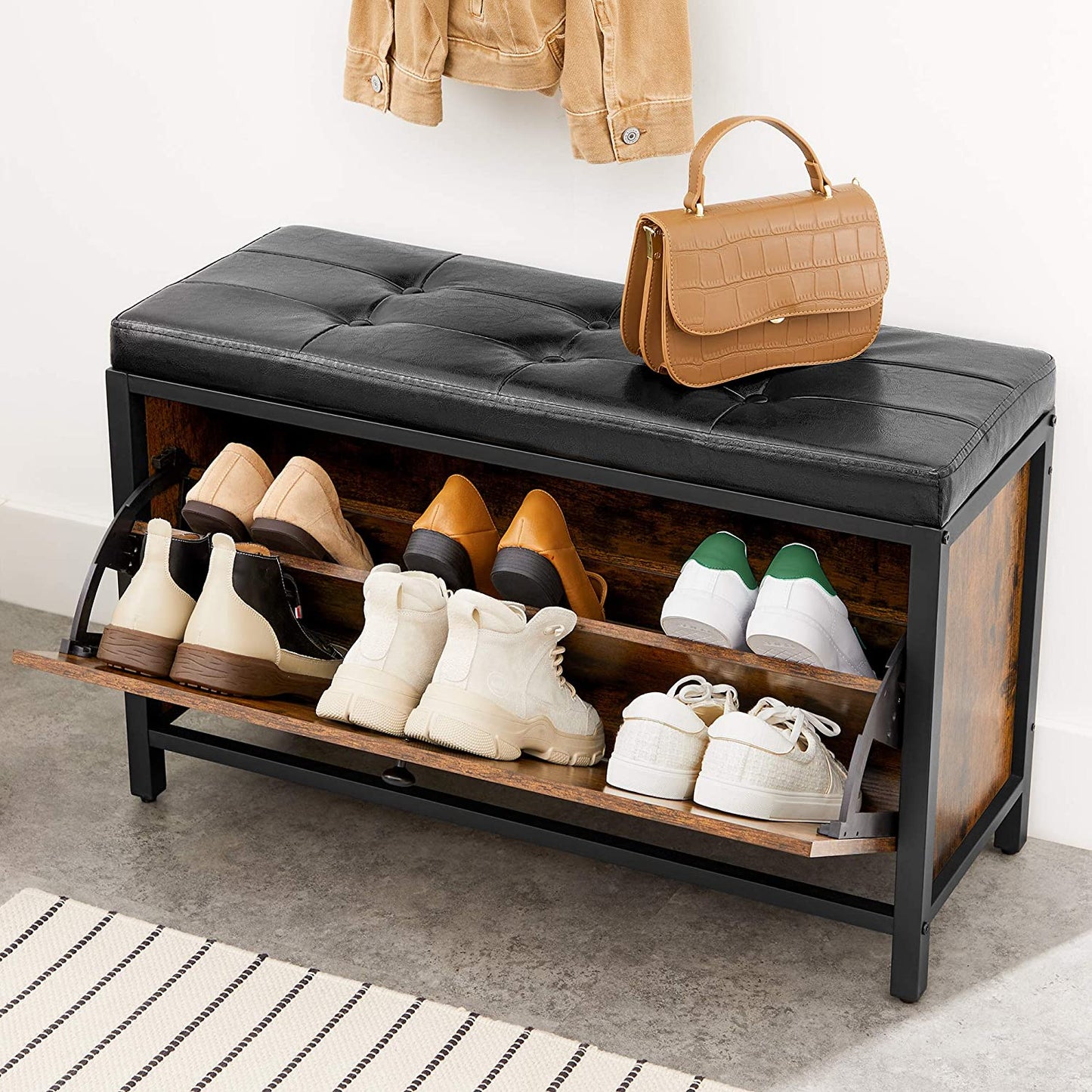 Nancy's Plainfield Shoe Bench - Shoe Cabinet - Storage - 6 Pairs of Shoes - Industrial - 80 x 30 x 51 cm - Brown
