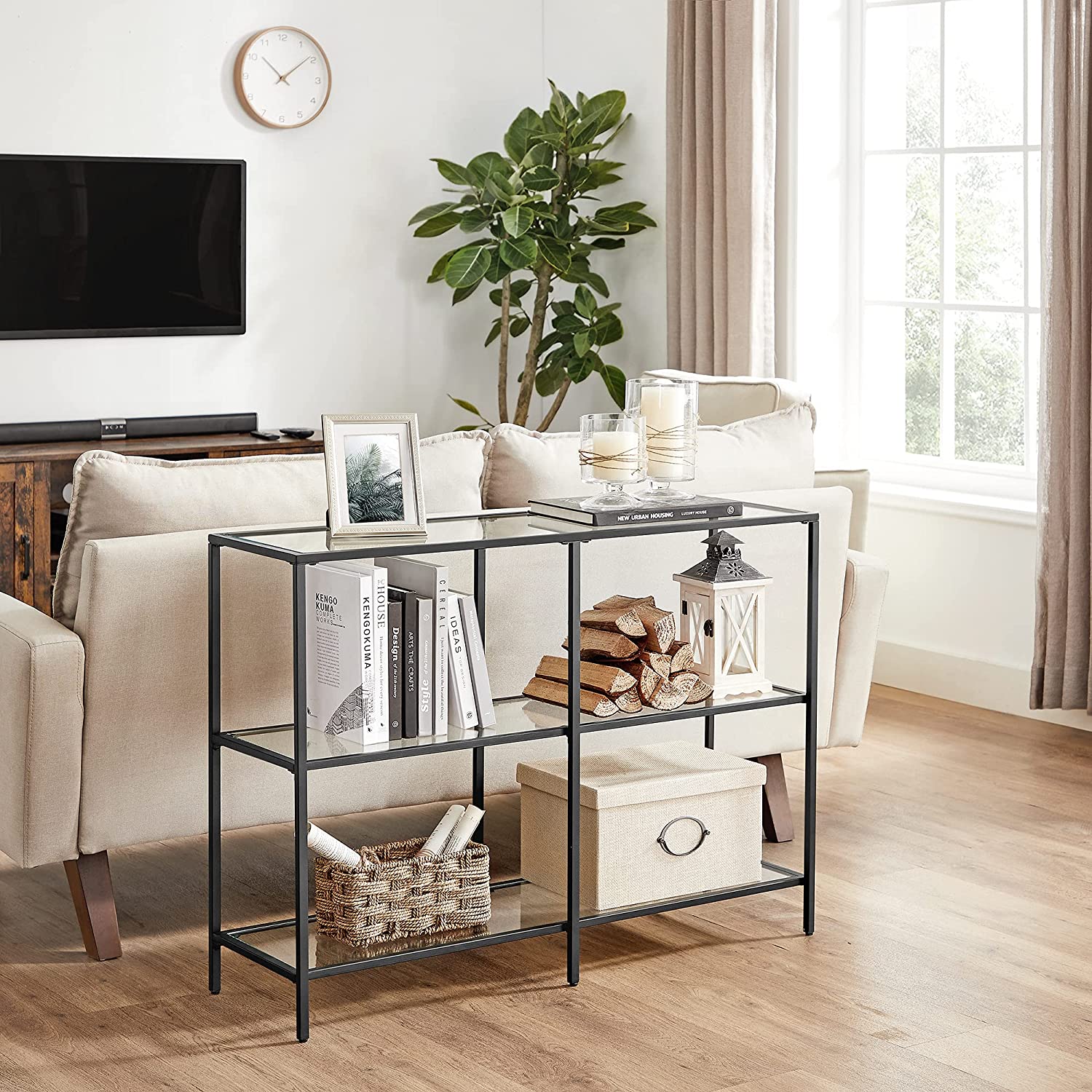 Nancy’s Chacacal Sidetable - Consoletafel - Bijzettafel - met Gehard Glas - Modern - Zwart - Staal - ± 100 x 30 x 70 cm
