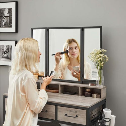 Coiffeuse Nancy's Media avec miroir pliant - Table de maquillage - Coiffeuses - Industriel - Greige Noir - 90 x 40 x 141 cm