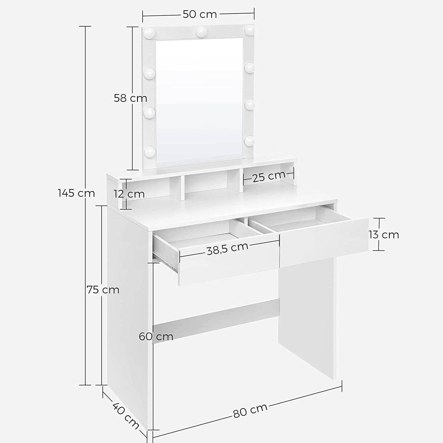 Coiffeuse Nancy's Goldstone - Table de maquillage - Miroir - Éclairage - 2 tiroirs - Compartiments ouverts - Blanc - Bois d'ingénierie - 80 x 40 x 145 cm