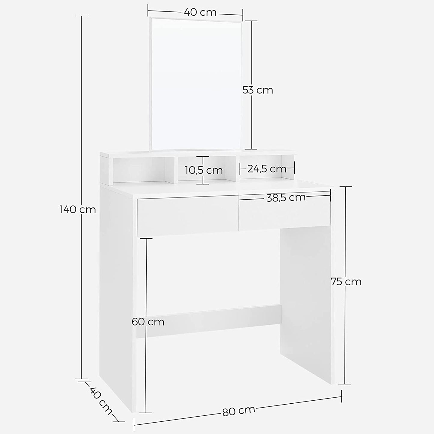 Nancy's Caccile Kaptafel - Comestica Tafel - Make-Up Tafel - Met Spiegel - Wit - 80 x 40 x 140 cm