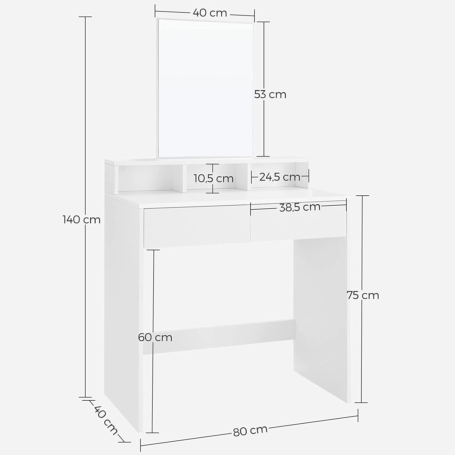 Nancy's Caccile Kaptafel - Comestica Tafel - Make-Up Tafel - Met Spiegel - Wit - 80 x 40 x 140 cm