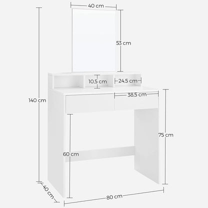 Coiffeuse Nancy's Caccile - Table Comestica - Table de maquillage - 2 tiroirs - Miroir - Compartiments ouverts - Bois d'ingénierie - Blanc - 80 x 40 x 140 cm