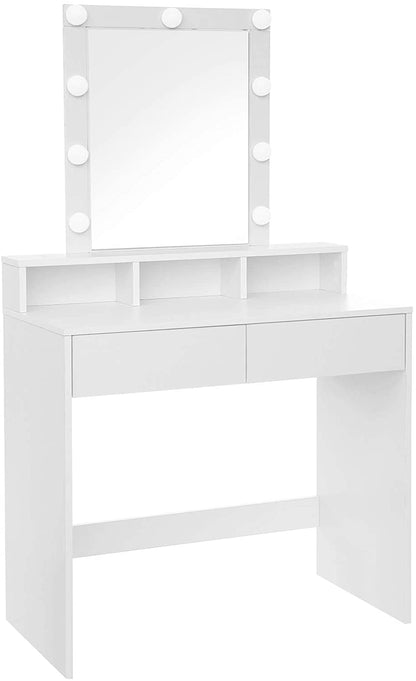 Coiffeuse Nancy's Goldstone - Table de maquillage - Miroir - Éclairage - 2 tiroirs - Compartiments ouverts - Blanc - Bois d'ingénierie - 80 x 40 x 145 cm
