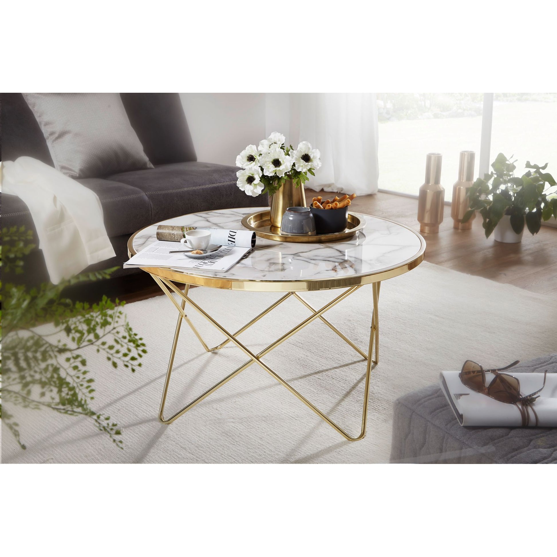 Nancy's Canton Salontafel - Koffietafel - Wit / Goud - Marmerlook / Staal - ± Ø 85 x 50 cm