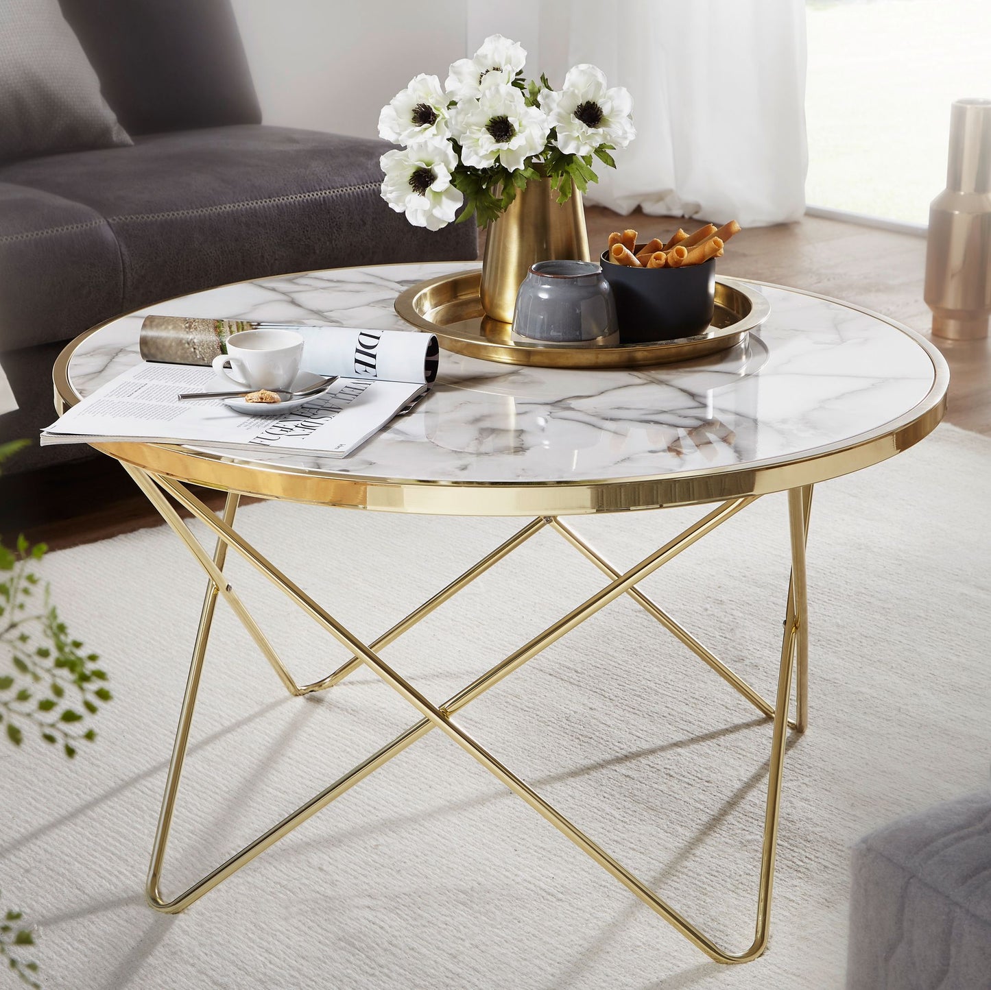 Nancy's Canton Salontafel - Koffietafel - Wit / Goud - Marmerlook / Staal - ± Ø 85 x 50 cm