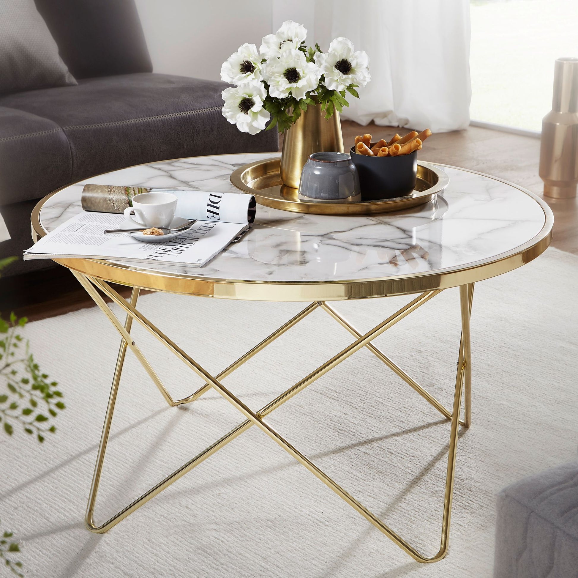 Nancy's Canton Salontafel - Koffietafel - Wit / Goud - Marmerlook / Staal - ± Ø 85 x 50 cm