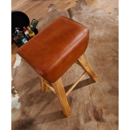 Nancy's Moody Bar Stool - Turnbok Model - Leather Bar Stool - Brown - Solid Wood - Mango Wood - 43 x 43 x 75 cm
